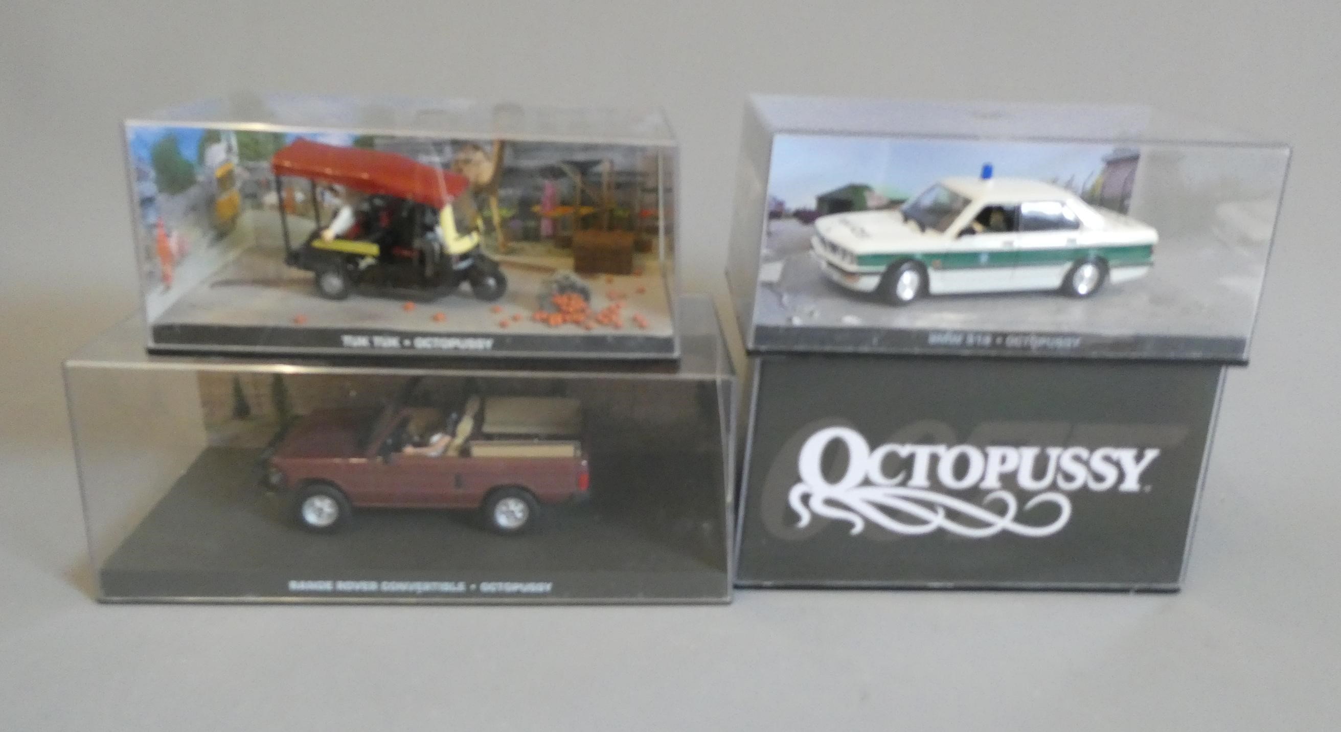 Four Fabbri James Bond Octopussy vehicles comprising Range Rover convertible, tuck-tuck vehicle, BMW Image