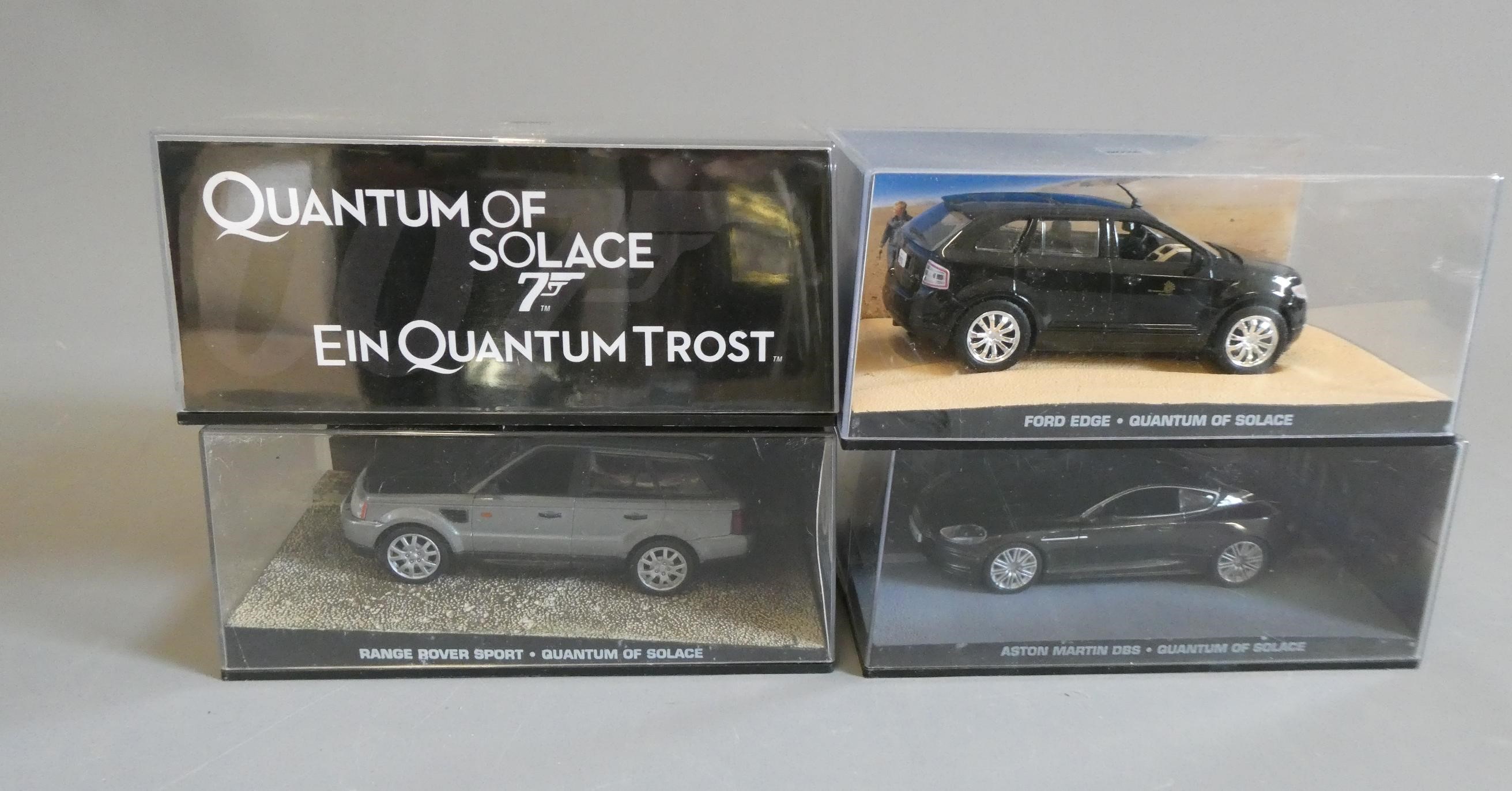 Four Fabbri James Bond Quantum of Solace vehicles comprising Ford Edge, Ford KA, Aston Martin DBS Image