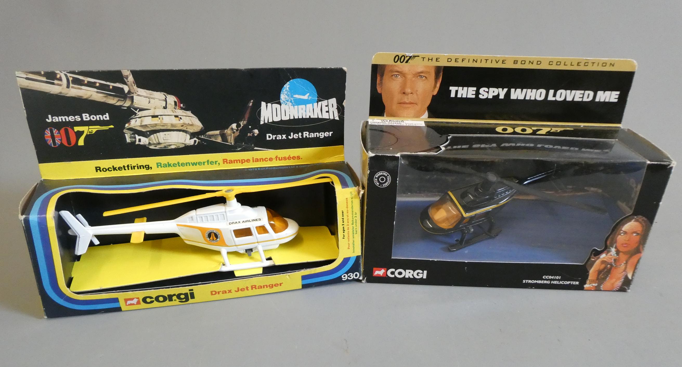 Corgi James Bond The Spy Who Loved Me helicopter and Moonraker helicopter, one box has clear parts Image
