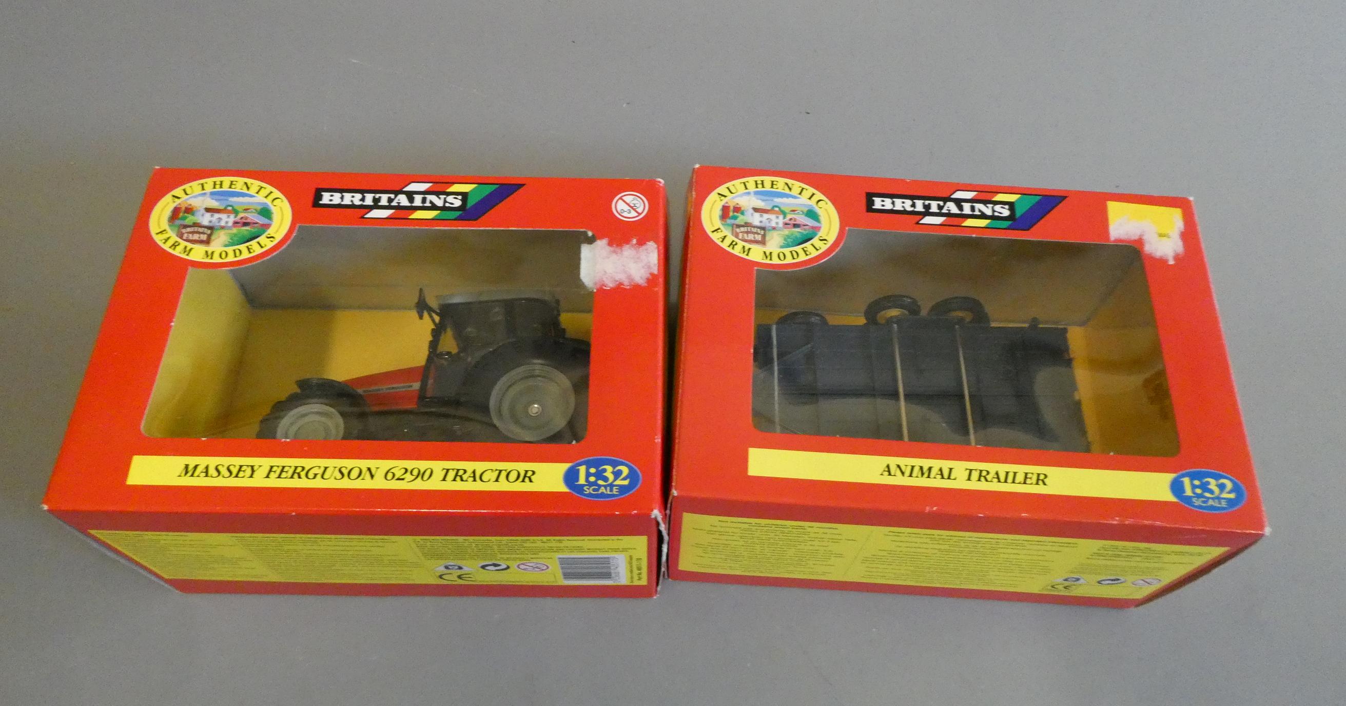 Two Britains late issue farm vehicles Massey Ferguson tractor and trailer, boxed, excellent (Est. Image