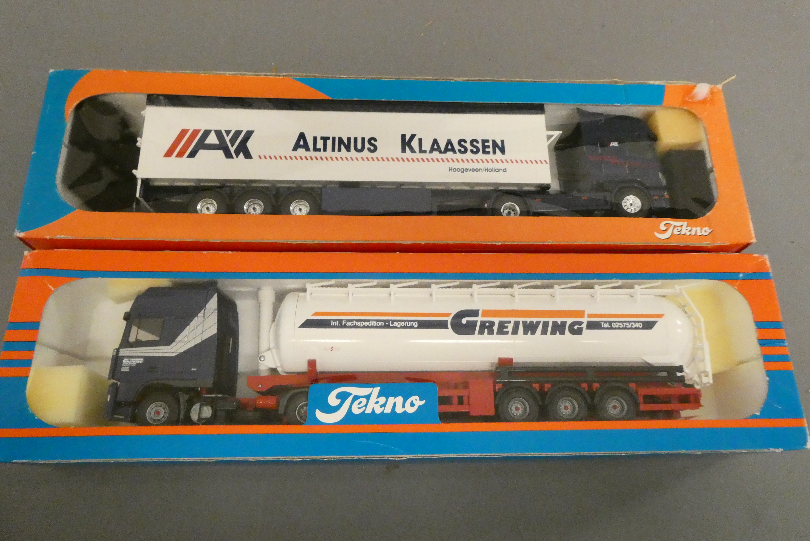 1:50 Tekno Scania truck Altinus Klaassen and DAF Greiwing tanker, both items boxed, excellent (Est. Image