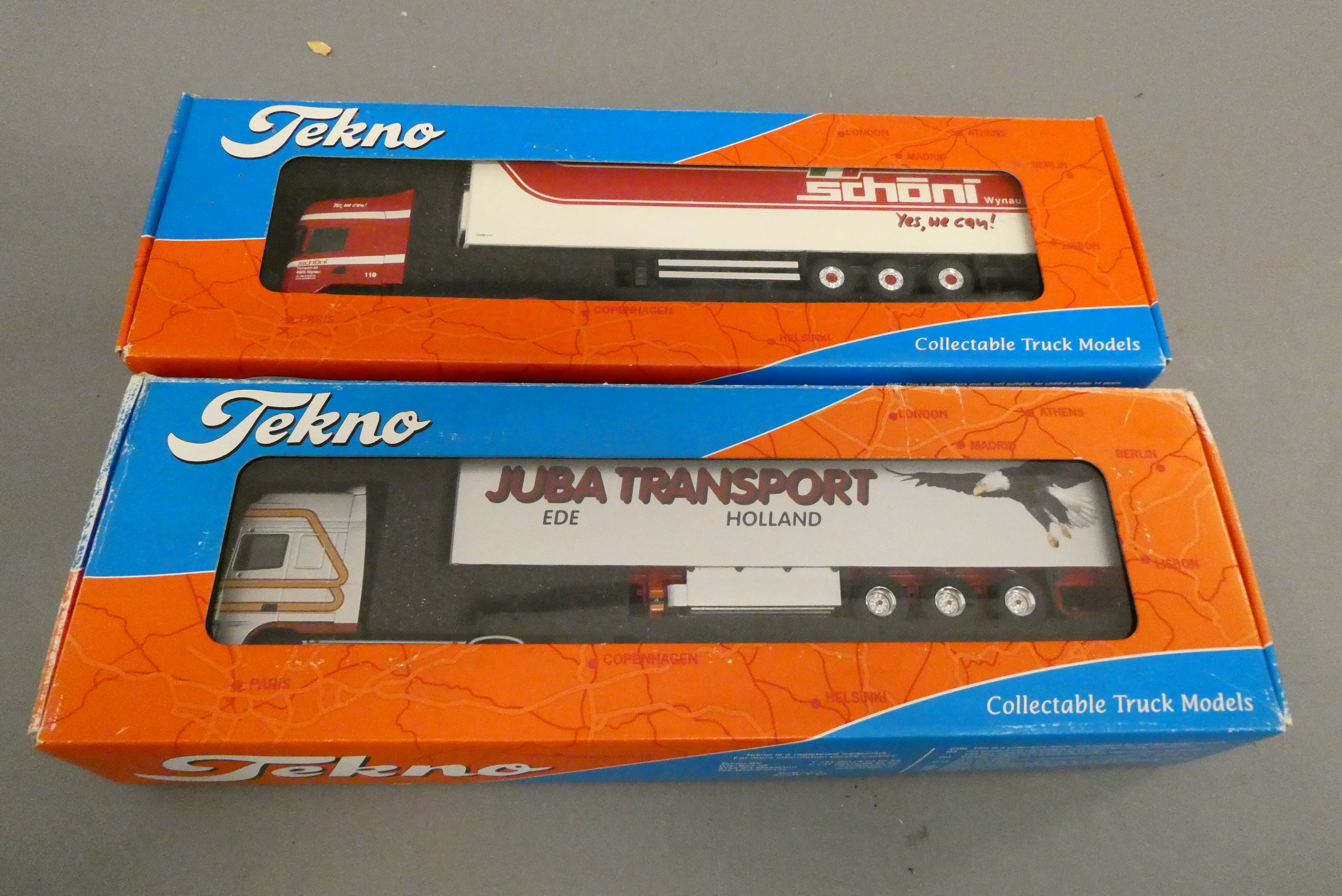 1:50 Tekno Scania truck Schoni and Holland Juba transport, both items boxed, excellent (Est. plus Image