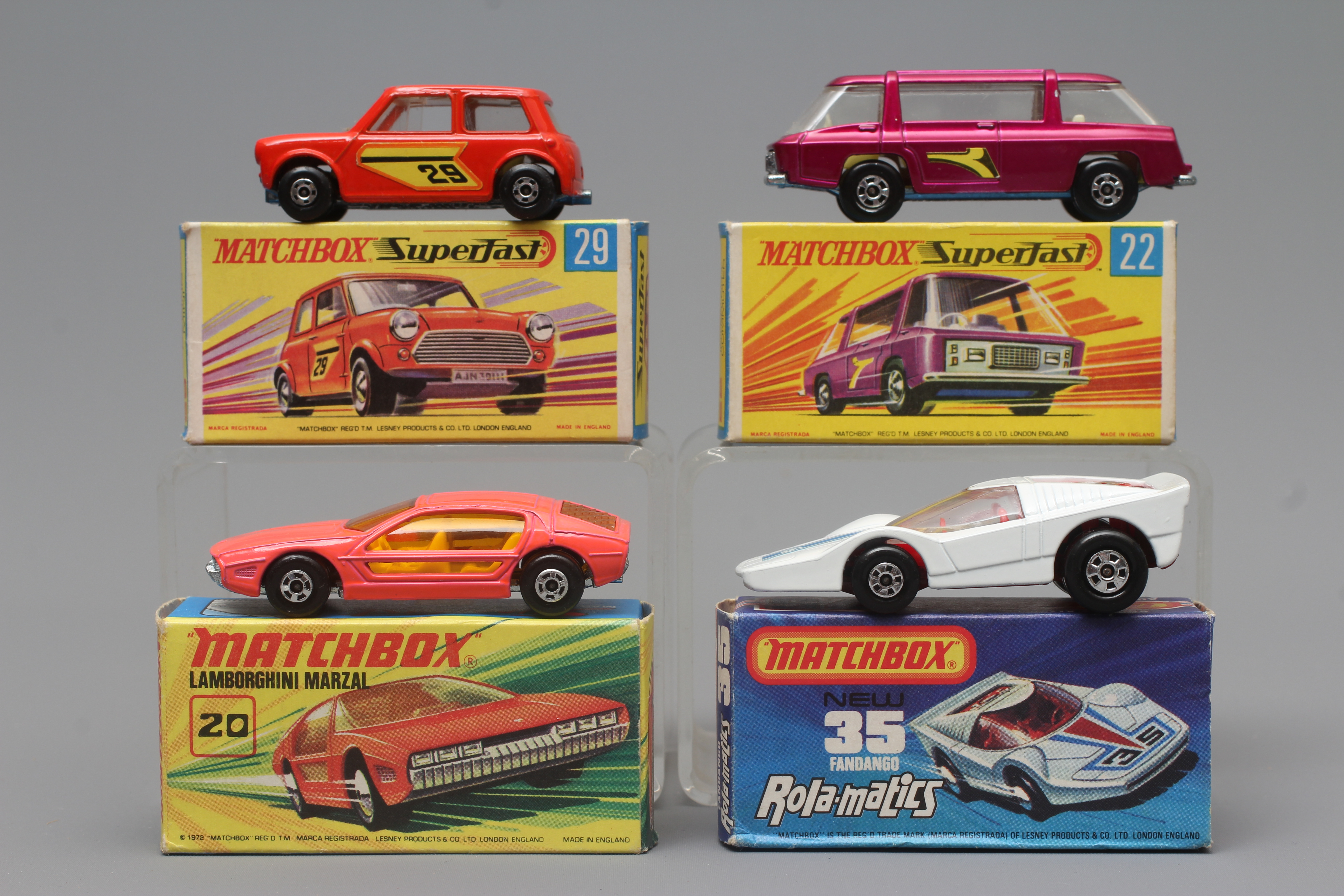 Matchbox Superfast 20 Lamborghini Marzal, 22 Freeman Intercity Commuter, 29 Racing Mini and 35 Image