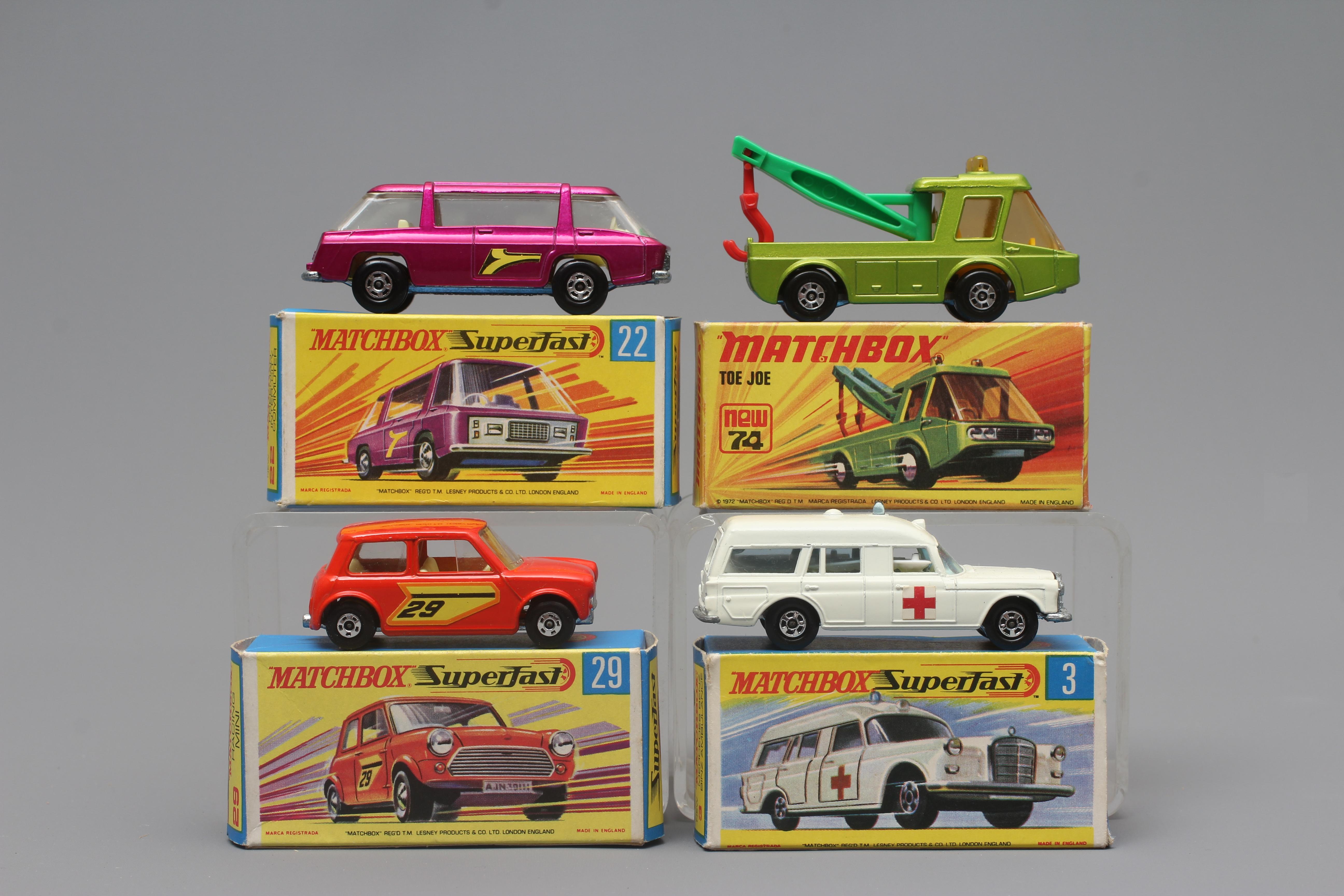 Matchbox Superfast 22 Freeman Inter City Commuter, 29 Racing Mini, 74 Toe Joe and 3 Mercedes Benz Image
