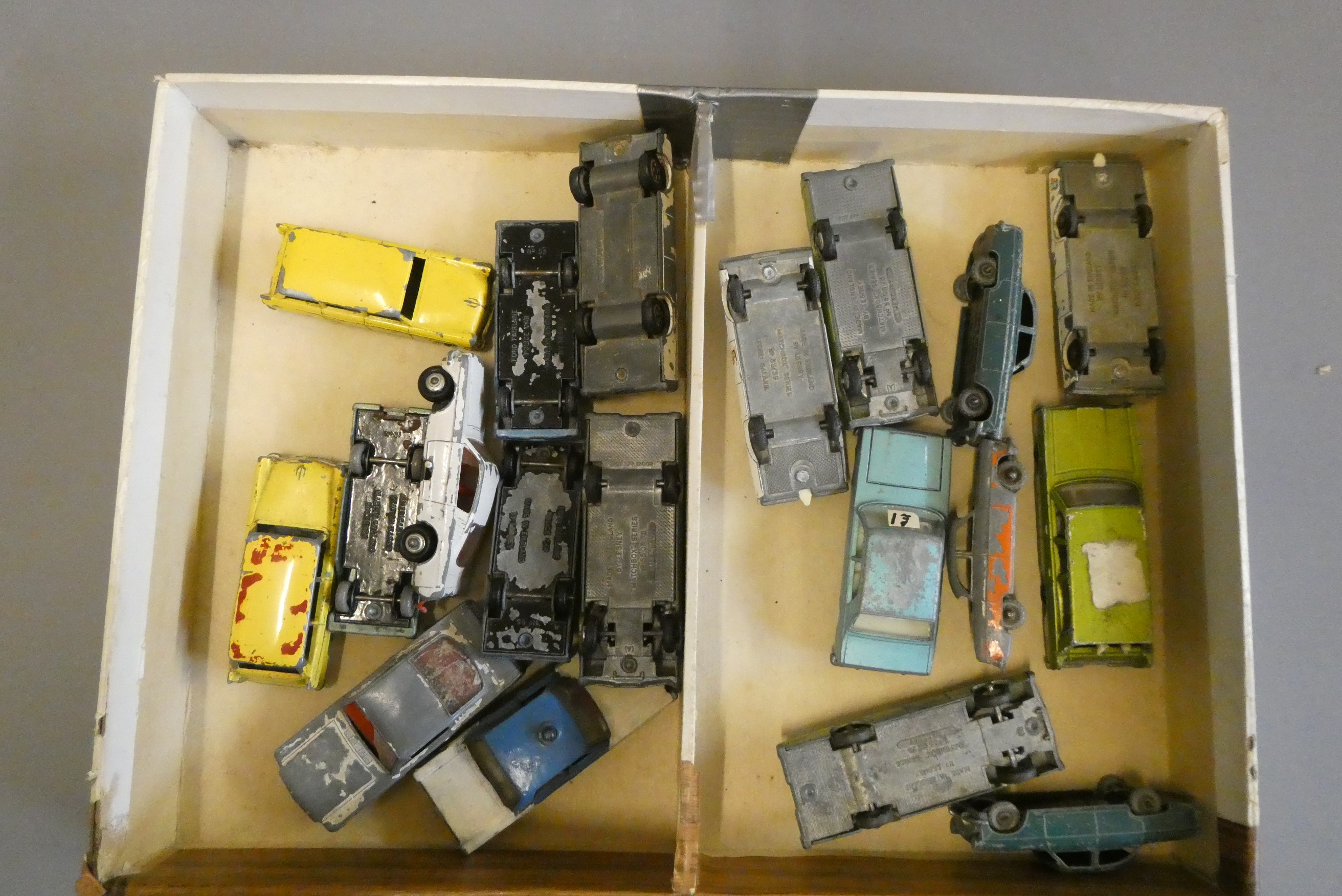 Quantity of playworn Matchbox cars, most items have paint missing, overpainting or damage, poor Image