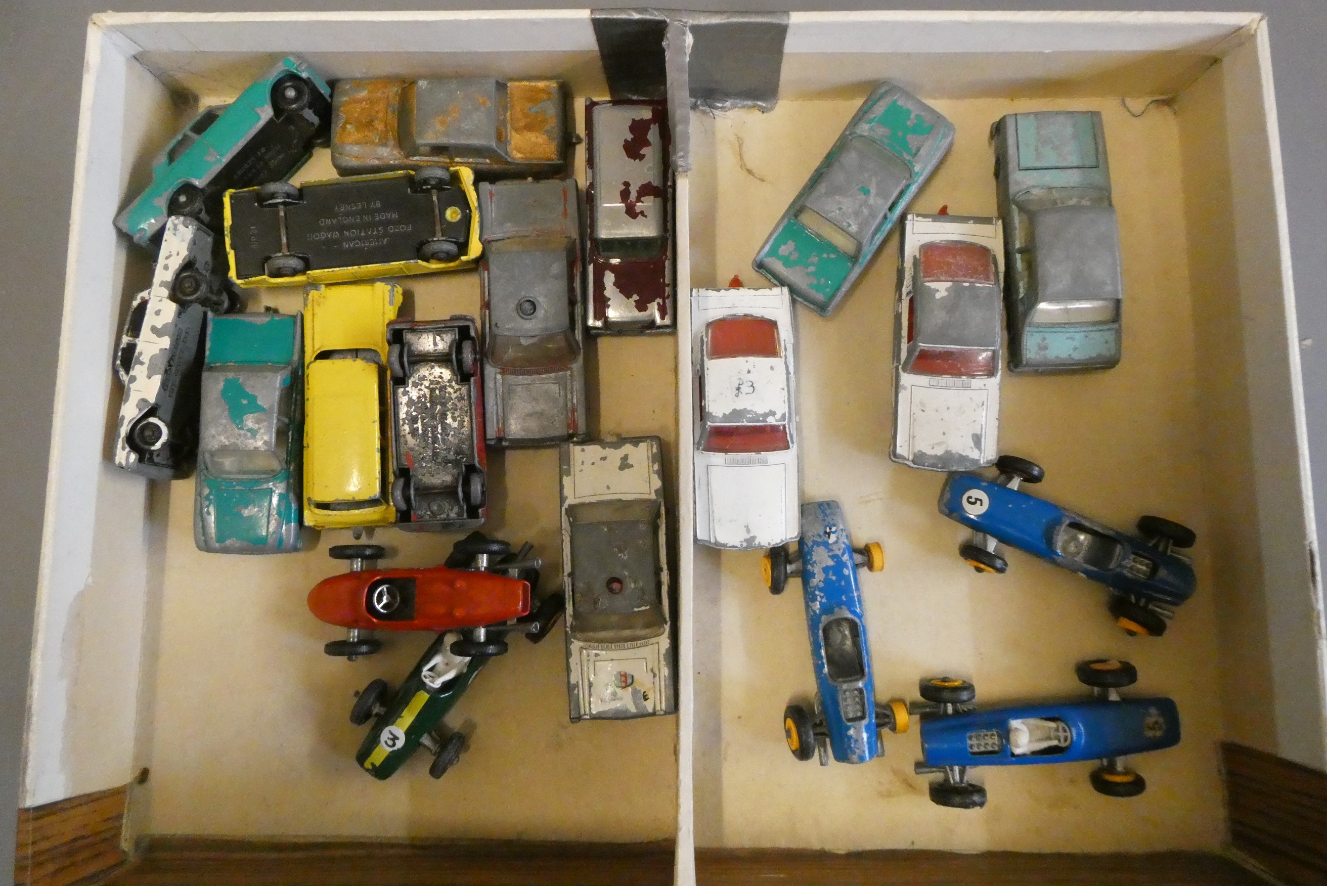 Quantity of playworn Matchbox cars, most items have paint missing, overpainting or damage, poor Image