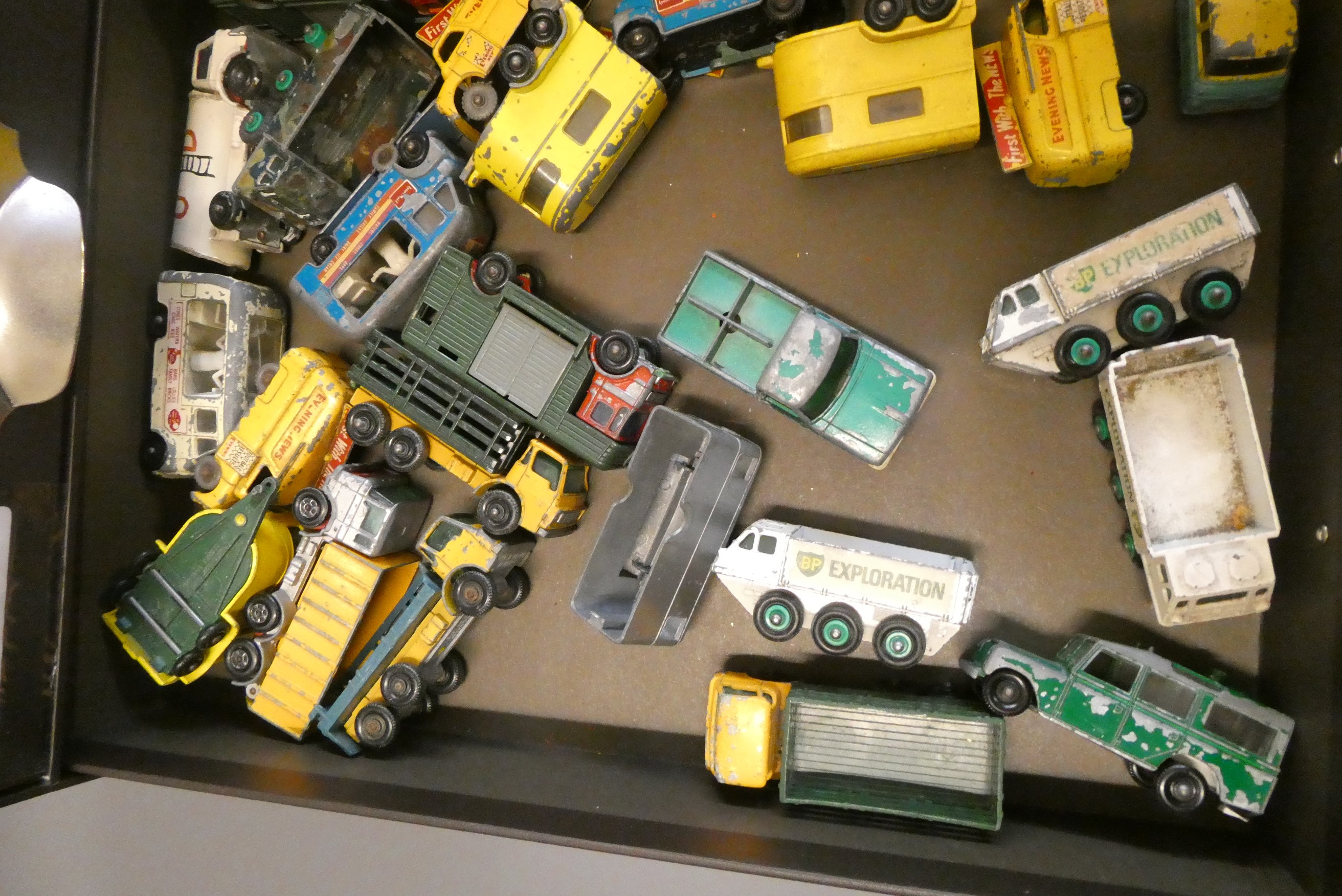 Quantity of playworn Matchbox cars, most items have paint missing, overpainting or damage, poor Image