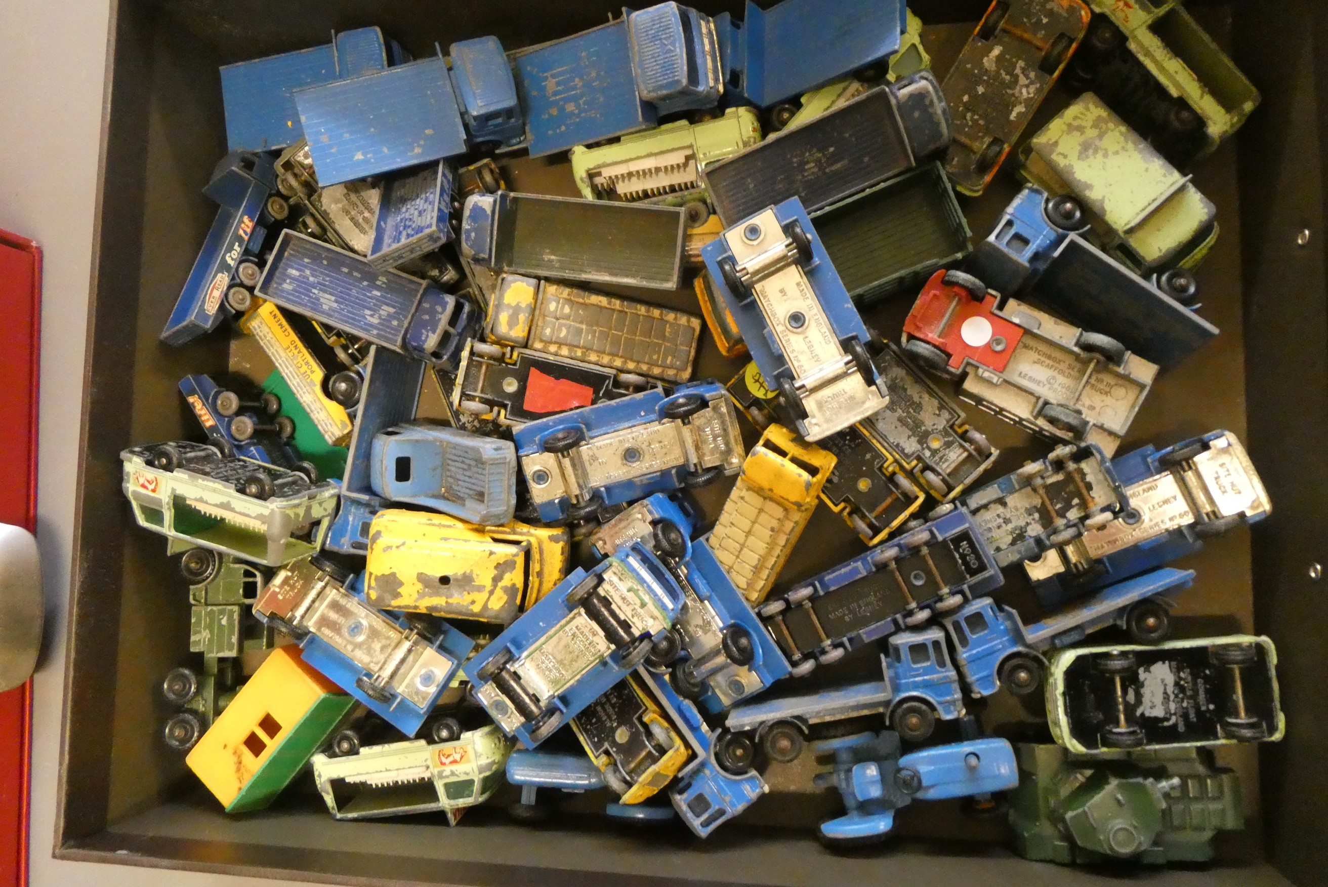 Quantity of playworn Matchbox cars, most items have paint missing, overpainting or damage, poor Image