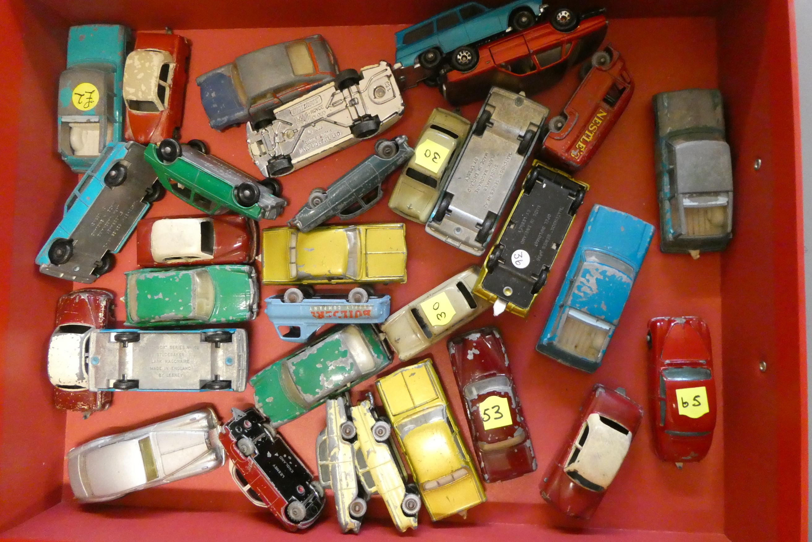Quantity of playworn Matchbox cars, most items have paint missing, overpainting or damage, poor Image