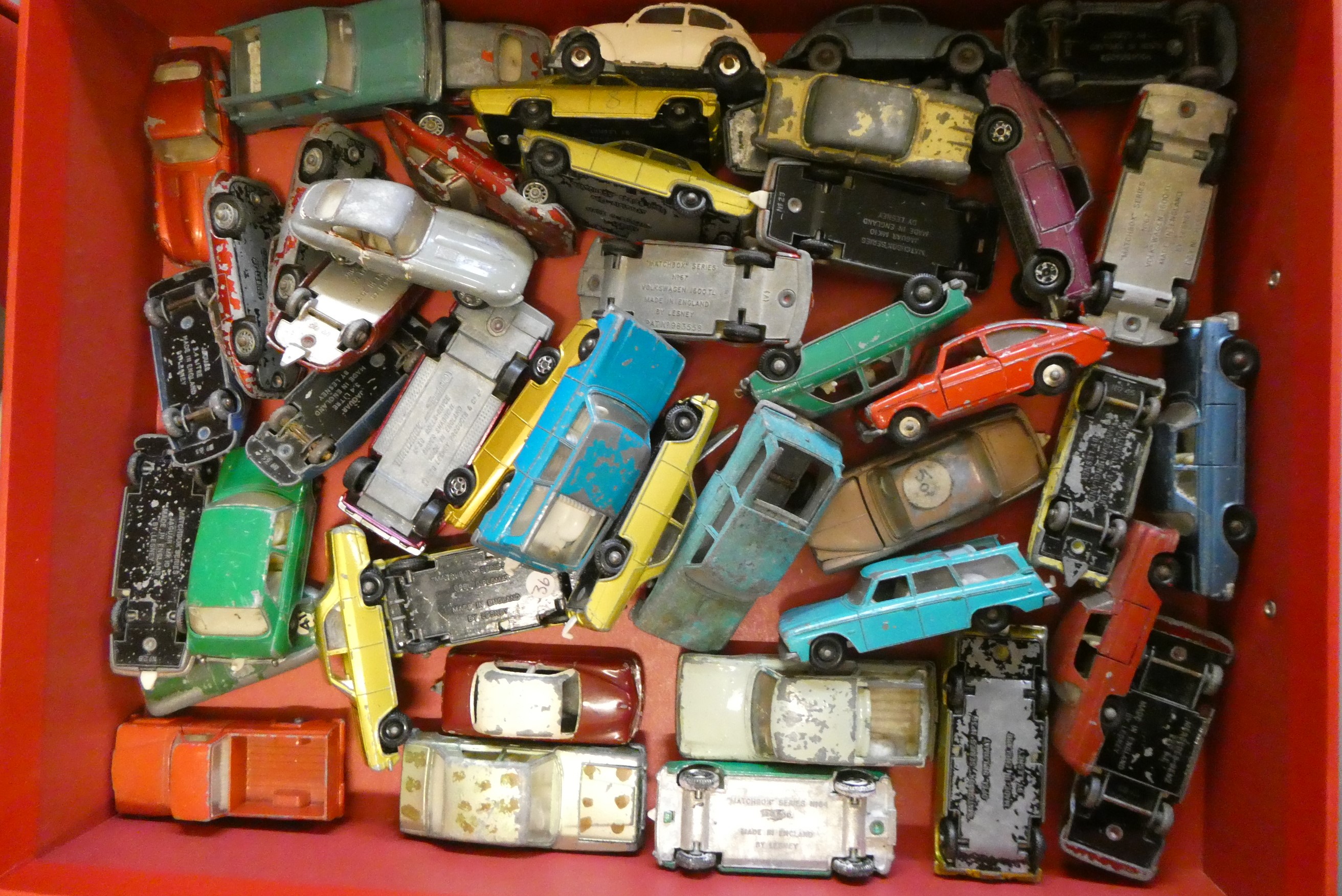 Quantity of playworn Matchbox cars, most items have paint missing, overpainting or damage, poor Image
