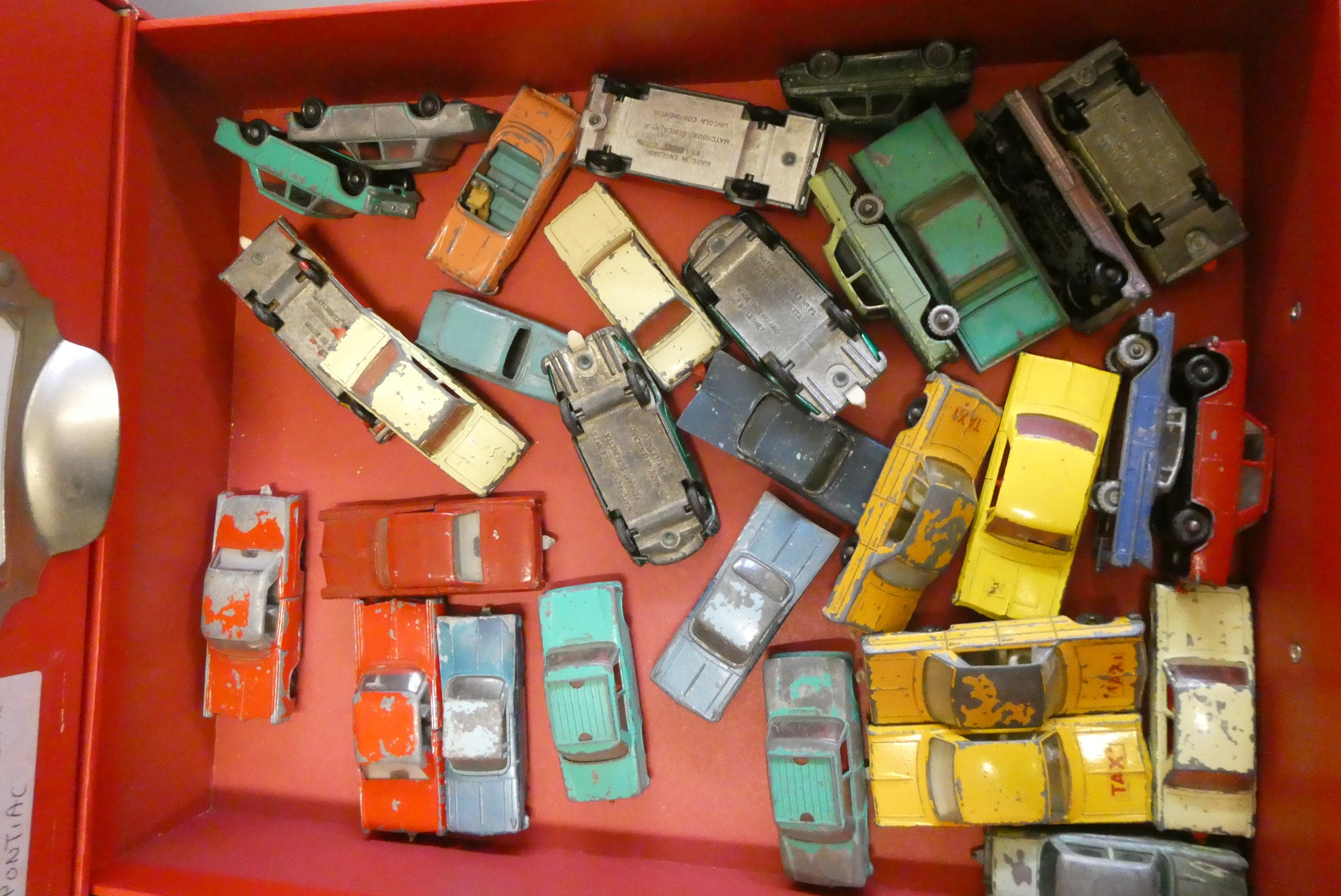 Quantity of playworn Matchbox cars, most items have paint missing, overpainting or damage, poor Image
