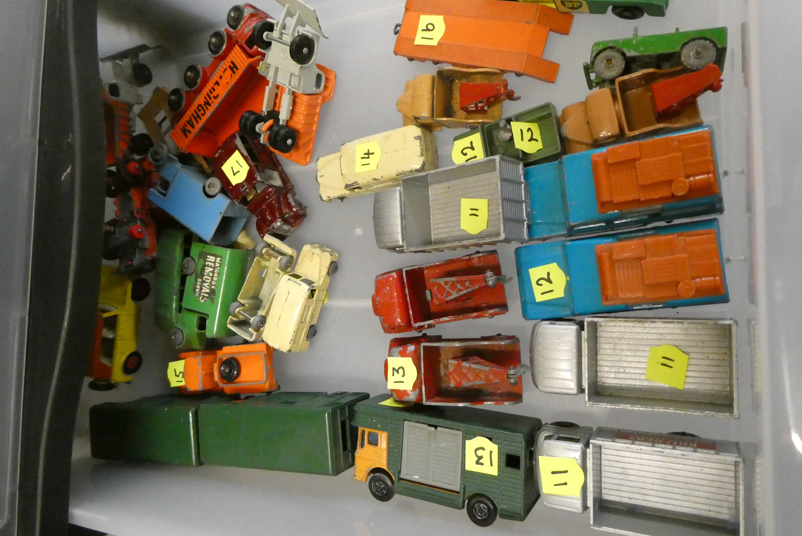 Quantity of playworn Matchbox cars, most items have paint missing, overpainting or damage, poor Image
