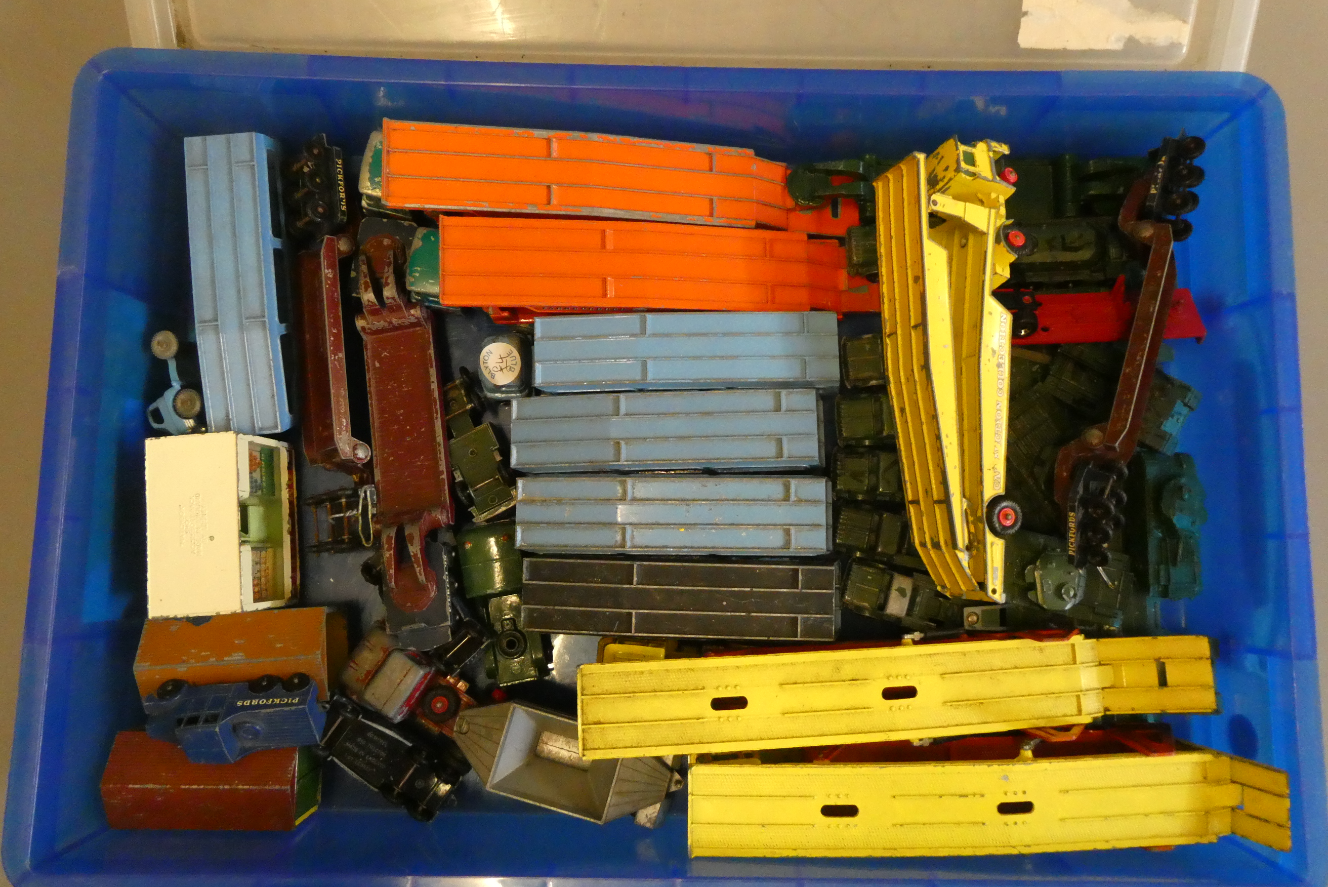 Matchbox playworn car and tank transporters and Pickford lorries, paint loss and damage, poor (Est. Image