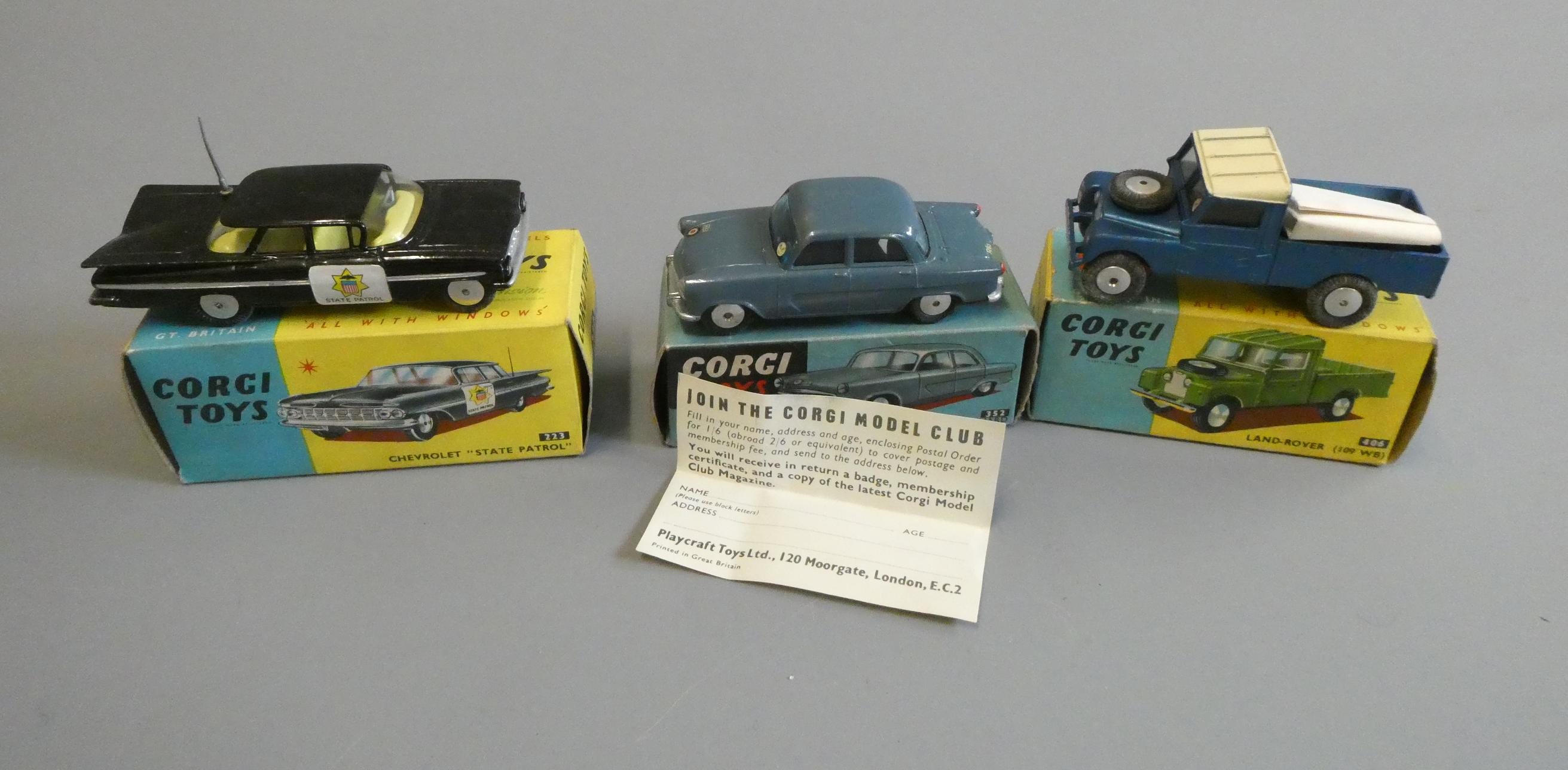 Corgi Toys 223 Chevrolet State Patrol car, 352 RAF staff car and 406 Land Rover, all items boxed, Image