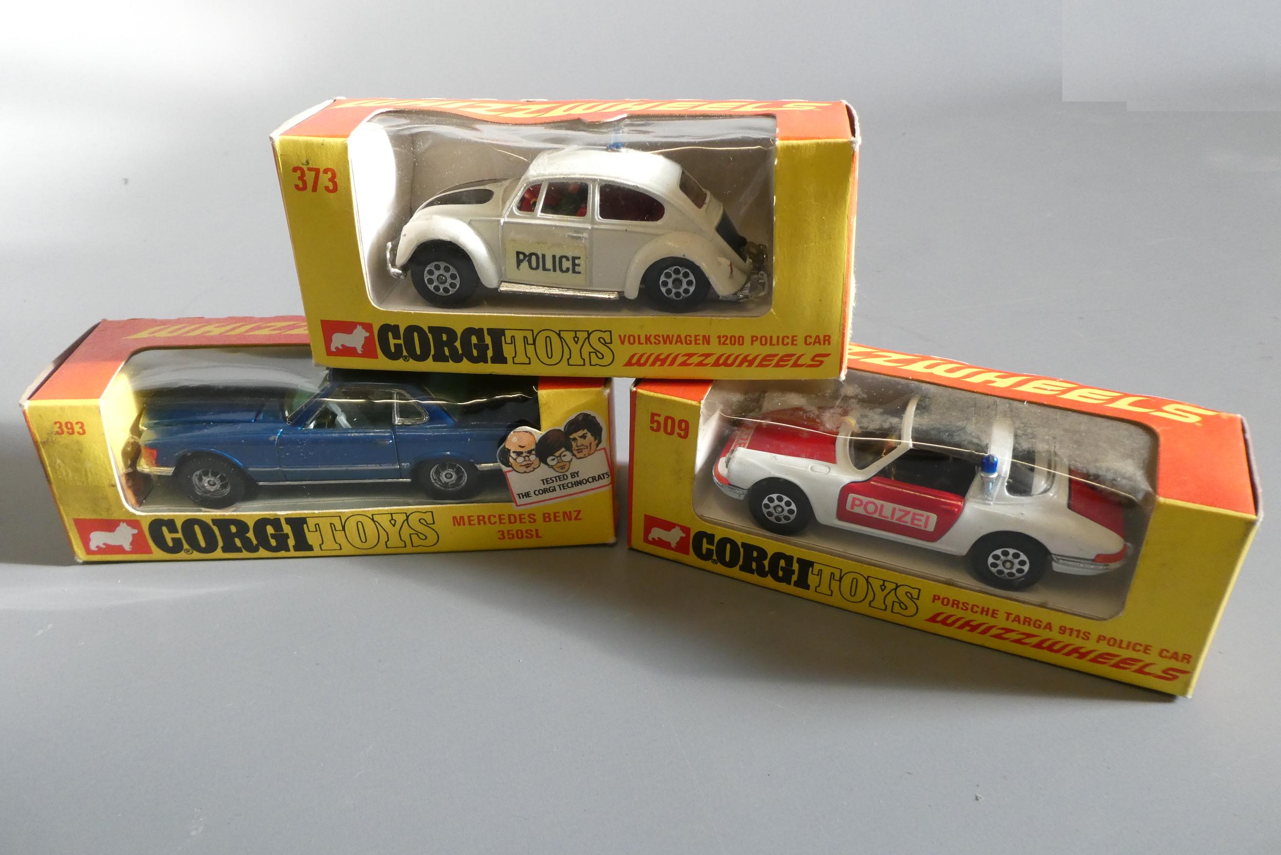 Three Corgi Whizzwheels cars comprising 373 VW Police car, 393 Mercedes 350SL and 509 Porsche 911 Image
