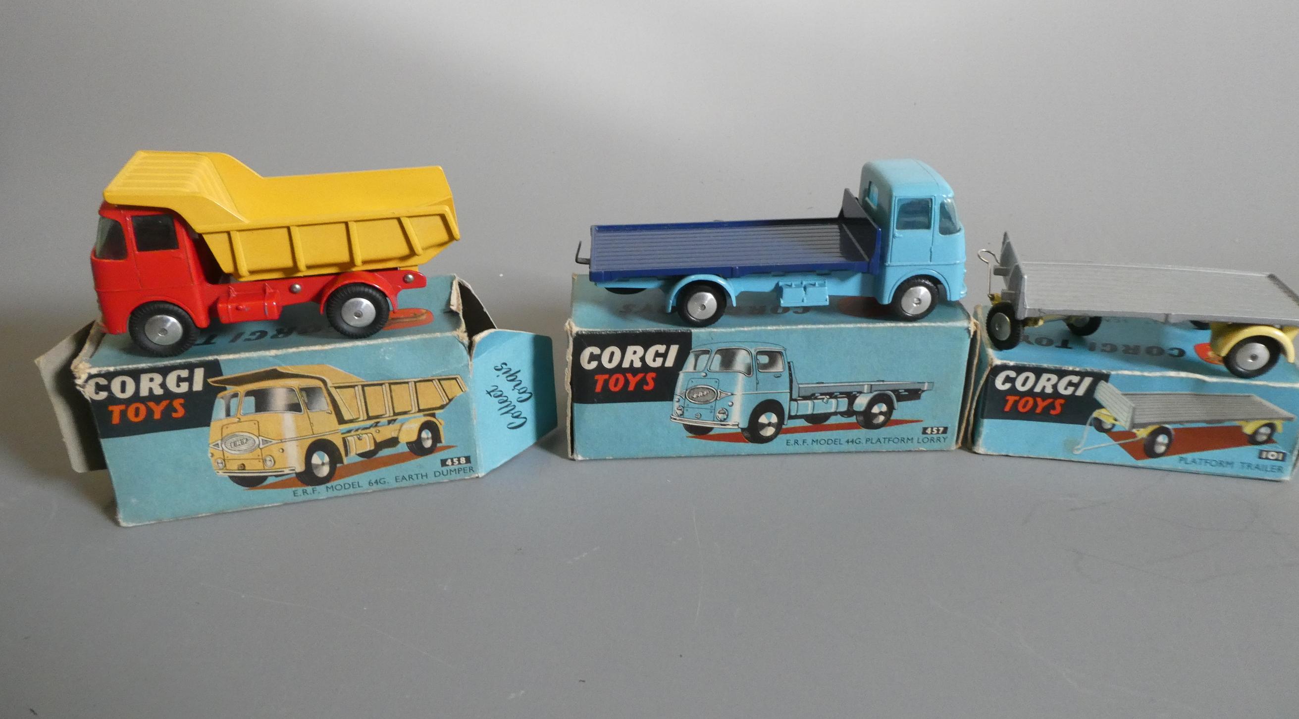 Corgi 457 ERF Lorry, 101 Trailer, and a 458 ERF Earth Dumper, boxes fair to poor, models excellent Image