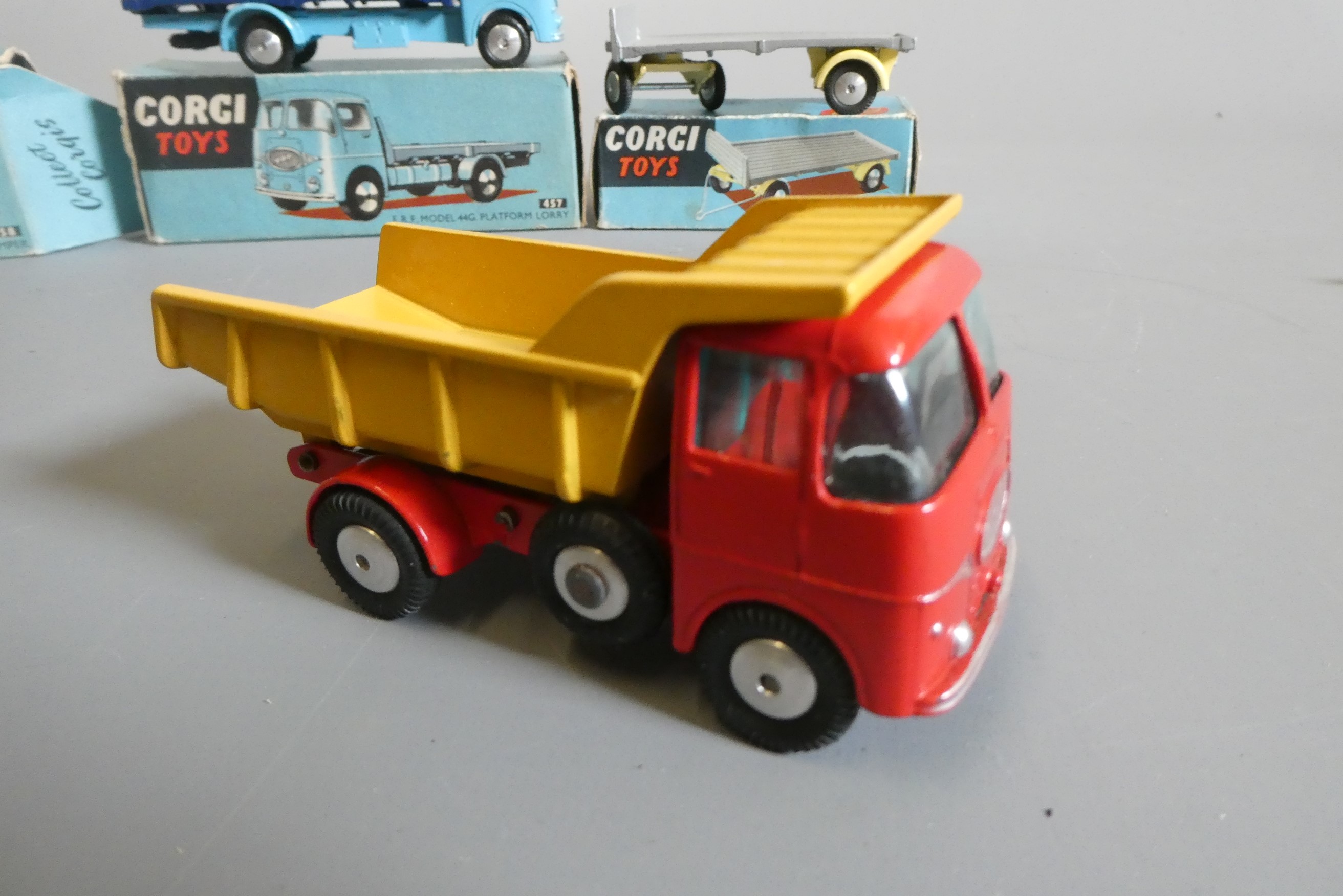 Corgi 457 ERF Lorry, 101 Trailer, and a 458 ERF Earth Dumper, boxes fair to poor, models excellent Image