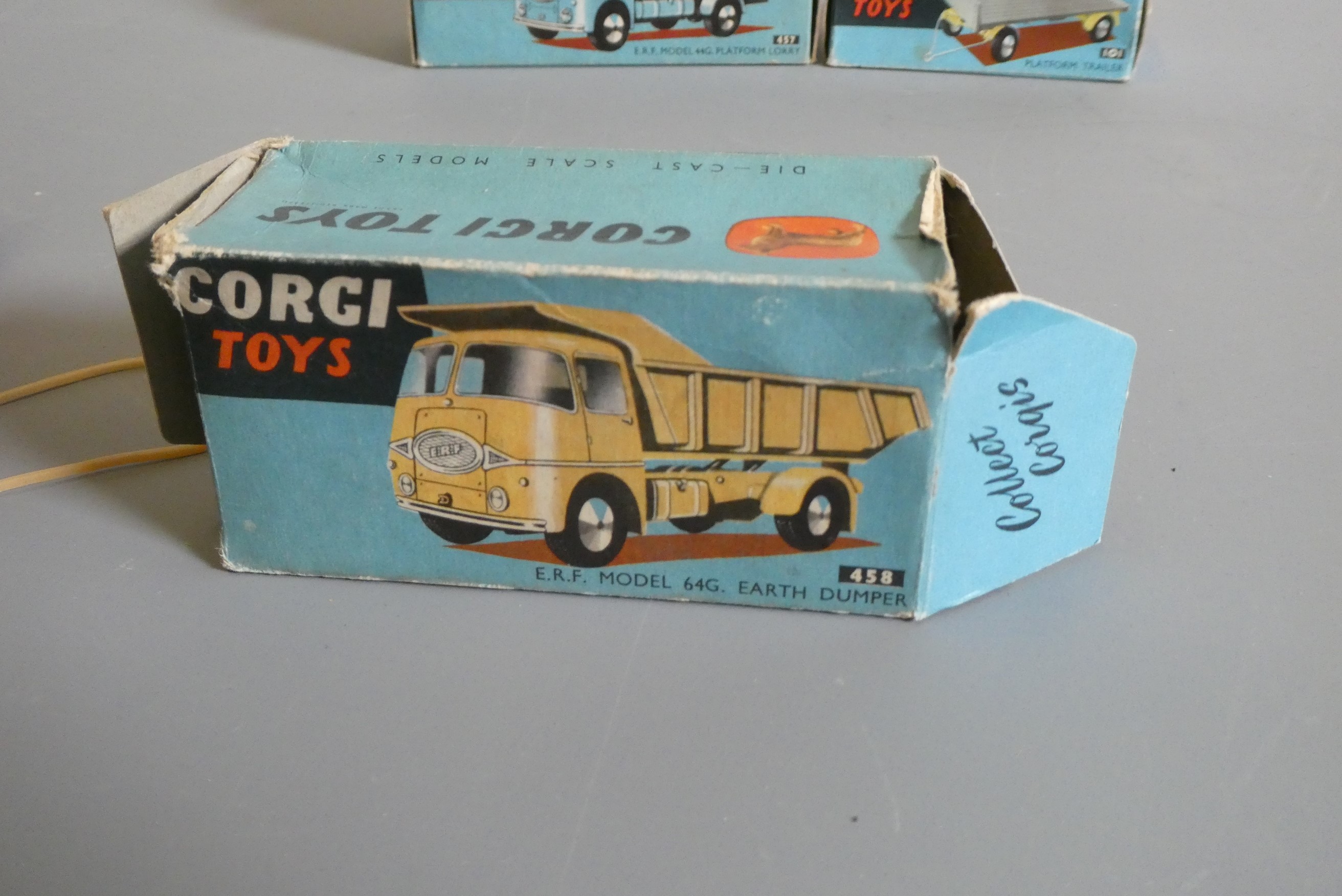Corgi 457 ERF Lorry, 101 Trailer, and a 458 ERF Earth Dumper, boxes fair to poor, models excellent Image
