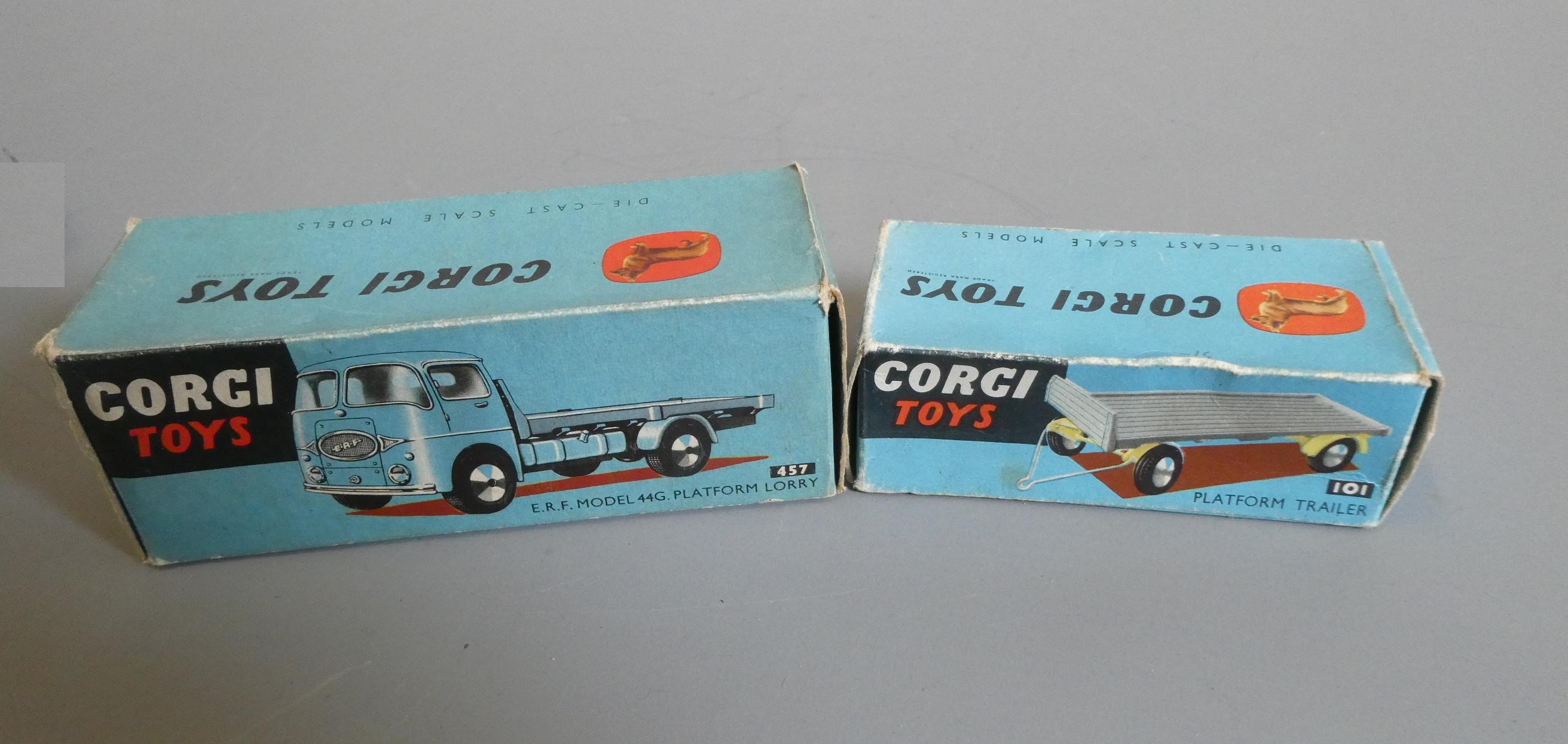 Corgi 457 ERF Lorry, 101 Trailer, and a 458 ERF Earth Dumper, boxes fair to poor, models excellent Image