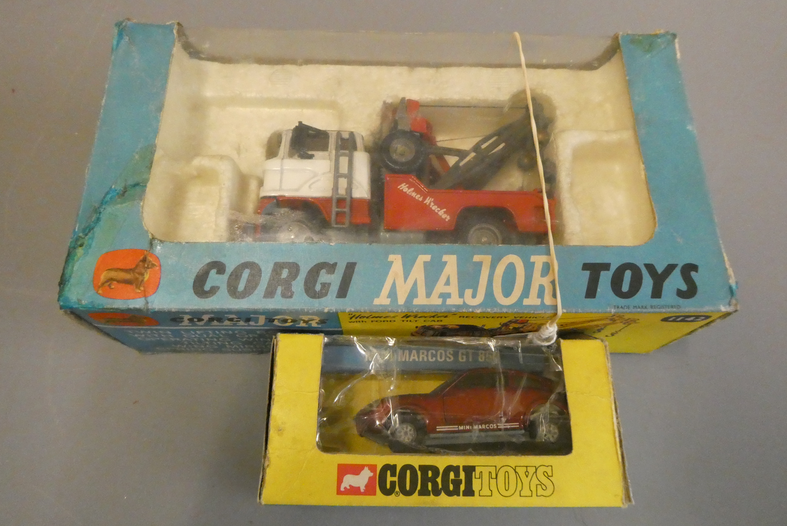 Corgi 1142 Recovery Vehicle with Ford tilt cab and Mini Marcos, boxes poor, models fair (Est. plus Image