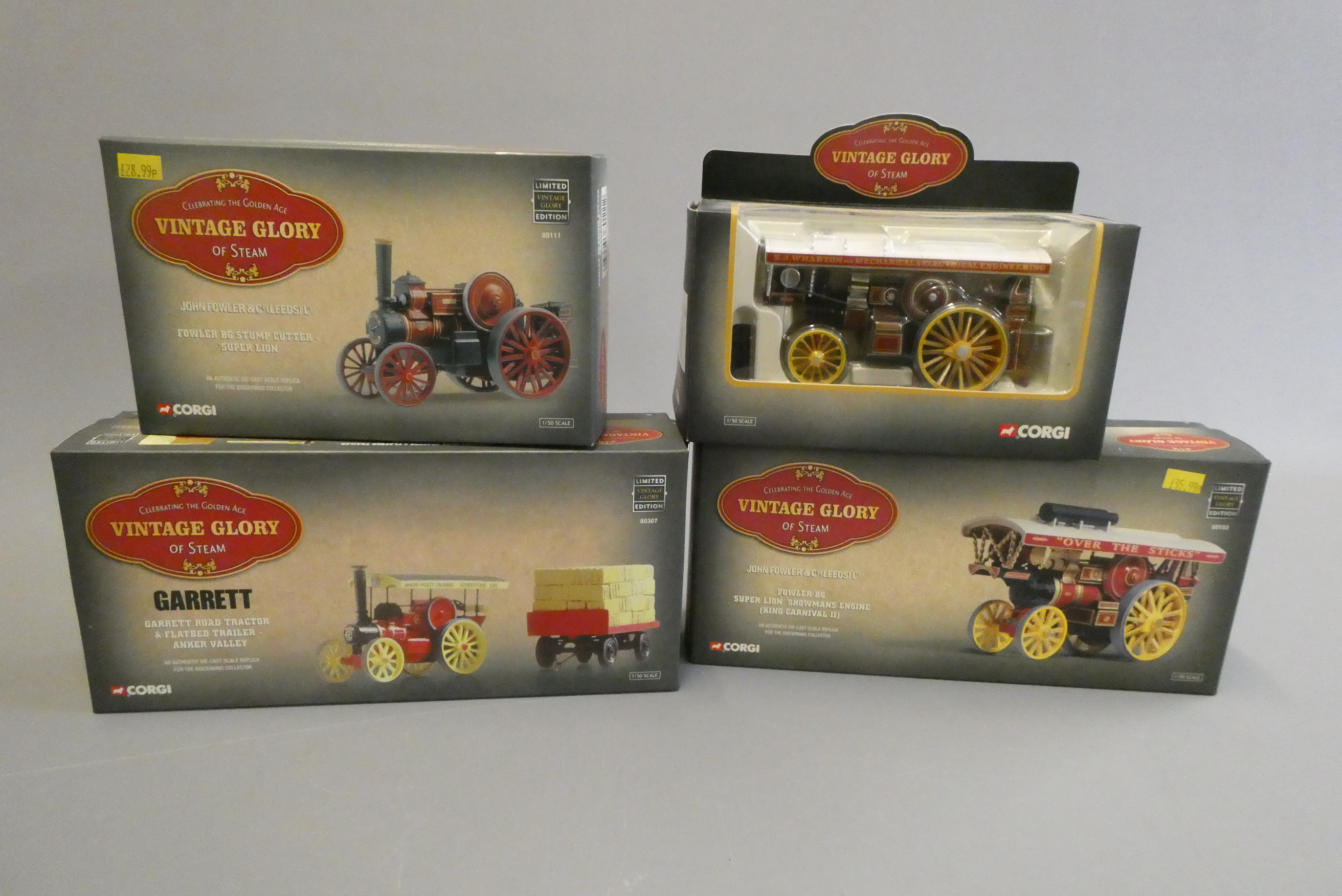 Four Corgi Old Glory traction engine models comprising Garrett Road tractor and flatbed trailer Image
