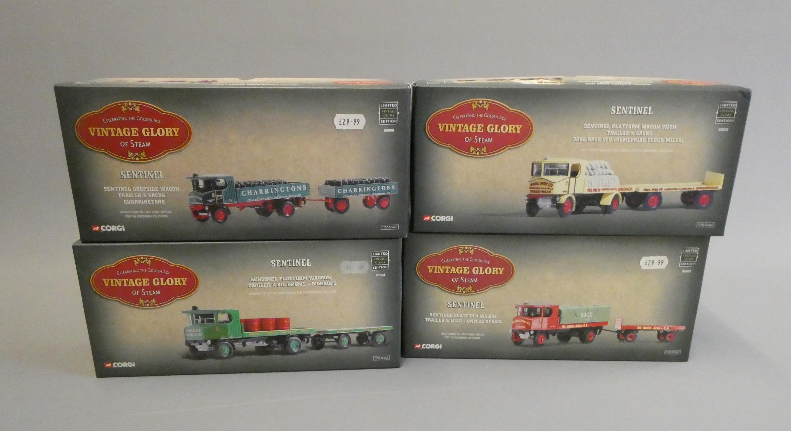 Four Corgi Vintage Glory steam wagons comprising Sentinel platform wagon with trailer Image