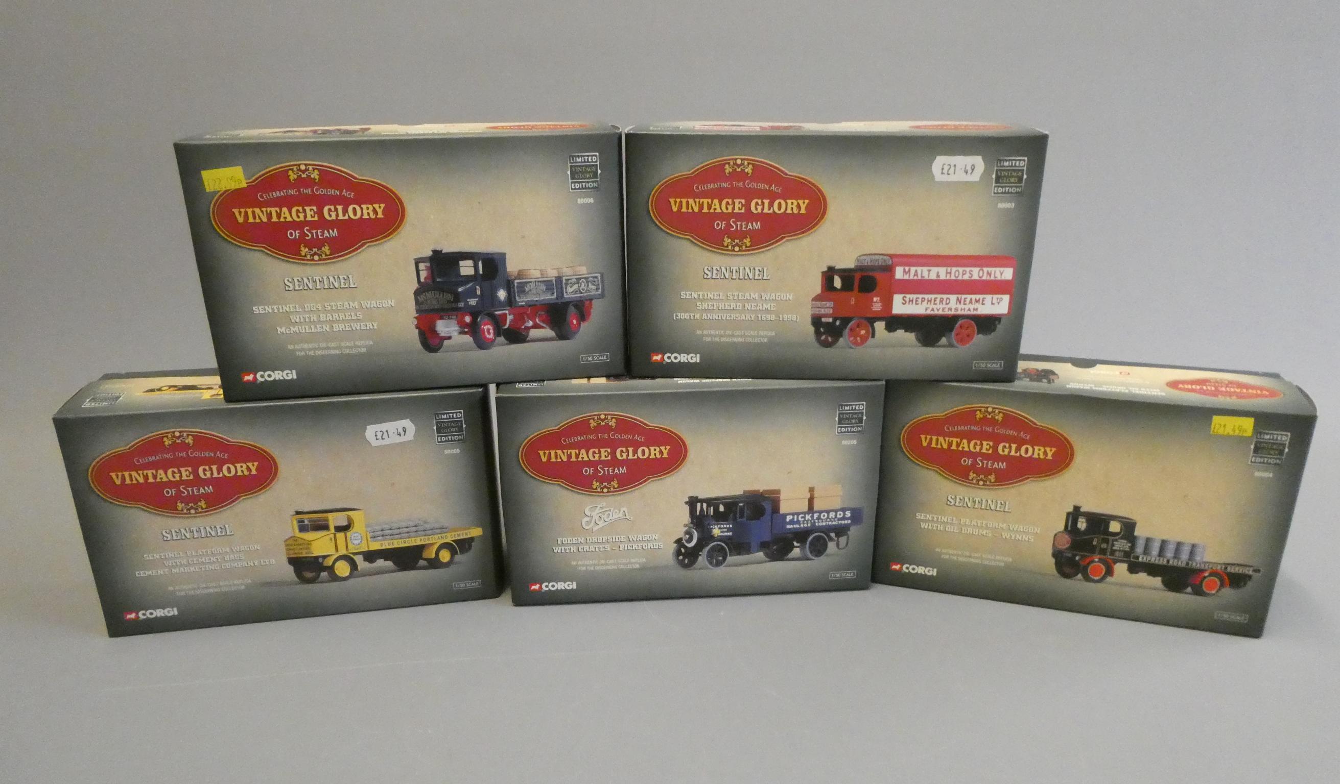Five Corgi Vintage Glory steam wagons comprising Sentinel platform wagon with cement load Image