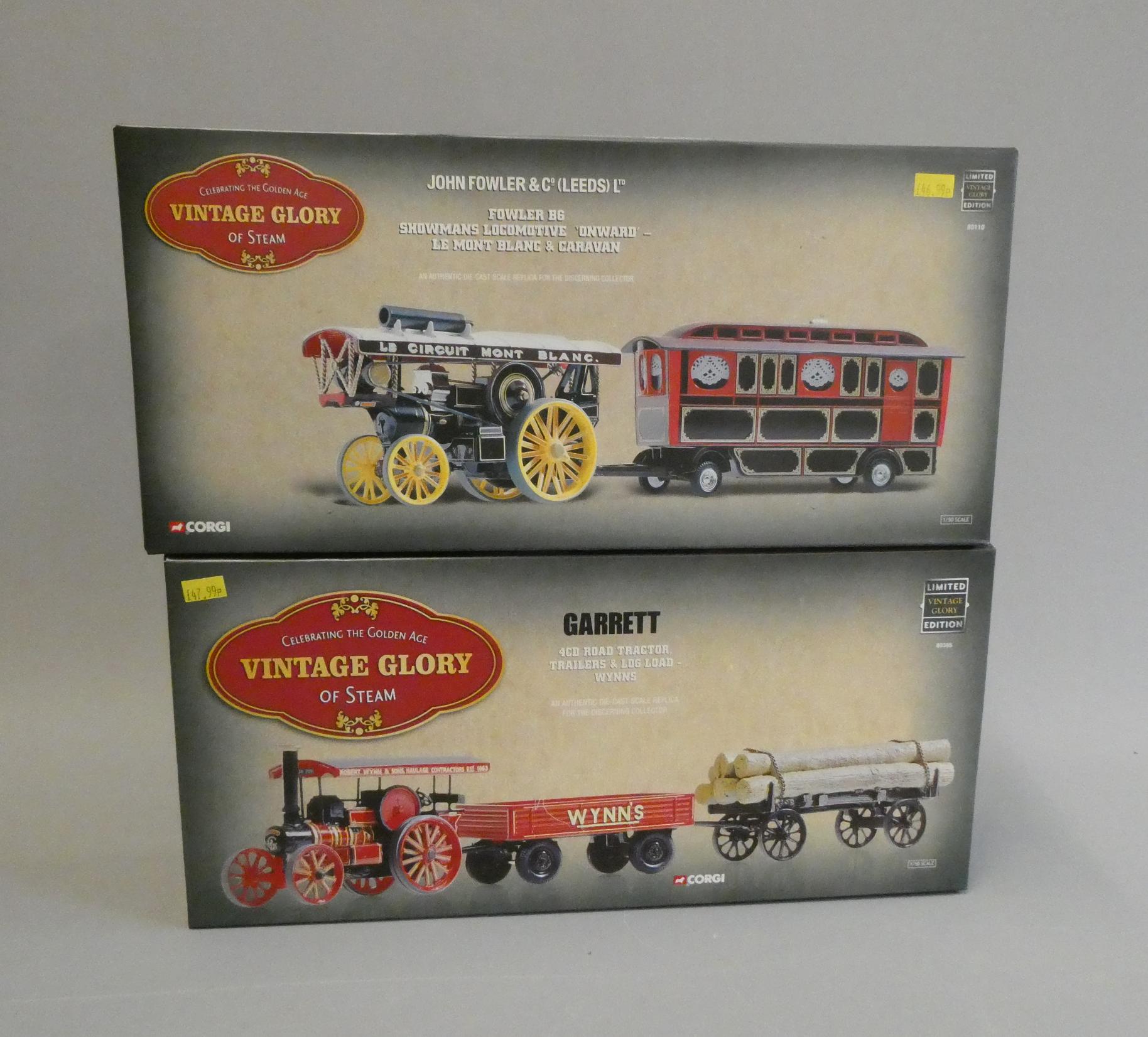 Two Corgi Vintage Glory Fowler Showman's engines with Caravan and Garrett Road tractor with two Image