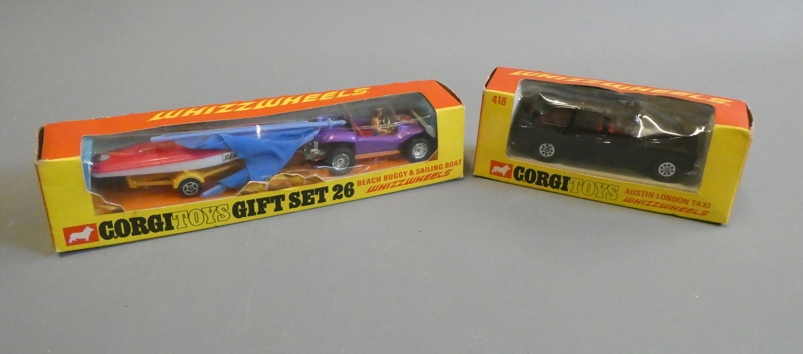 Corgi Whizzwheels Gift Set No 26 with Beach Buggy and 418 London Taxi, boxes good+, models good to Image