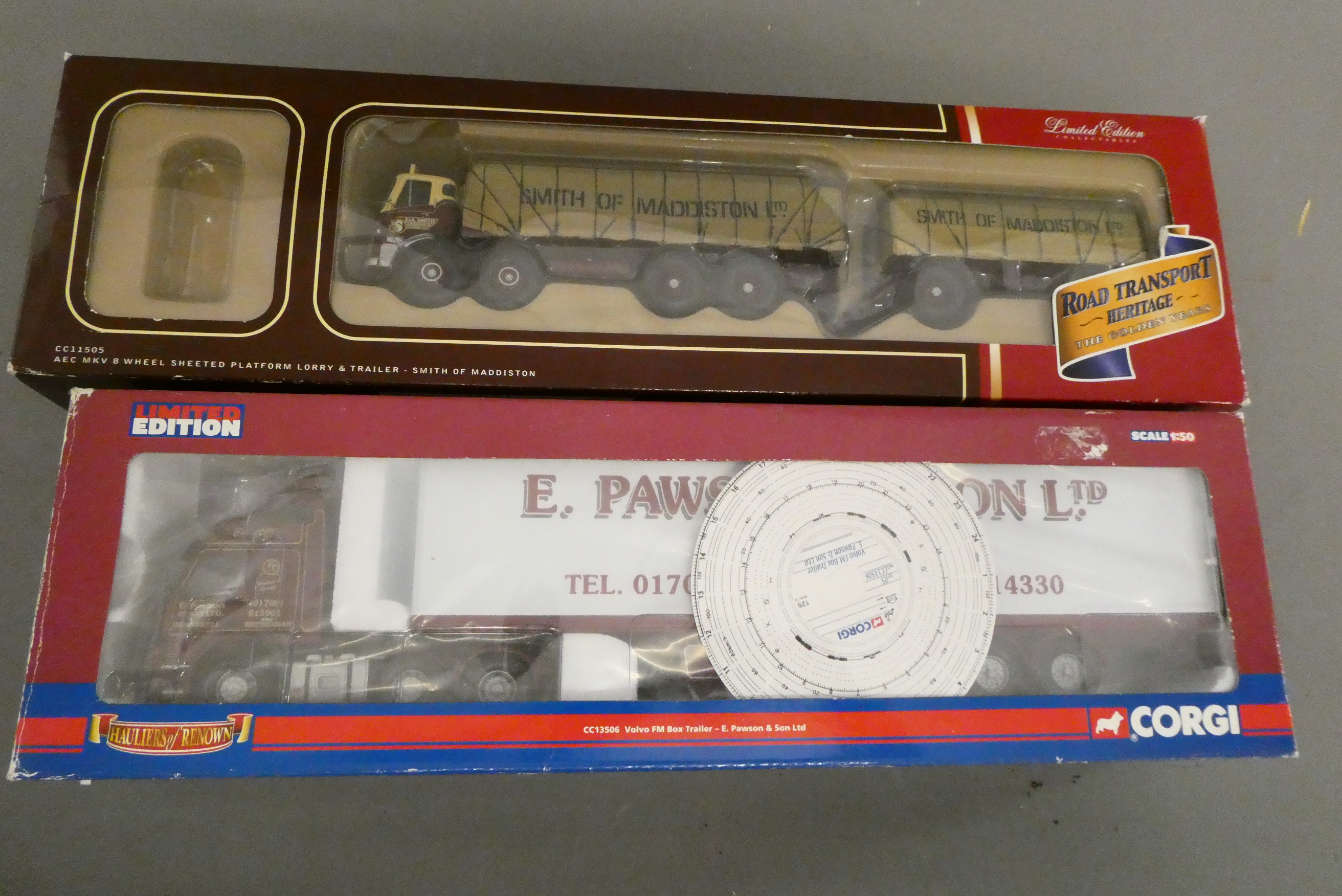 D230 Corgi AEC MK5 with trailer and tarpaulin covered load and Volvo FM with box trailer, both items Image