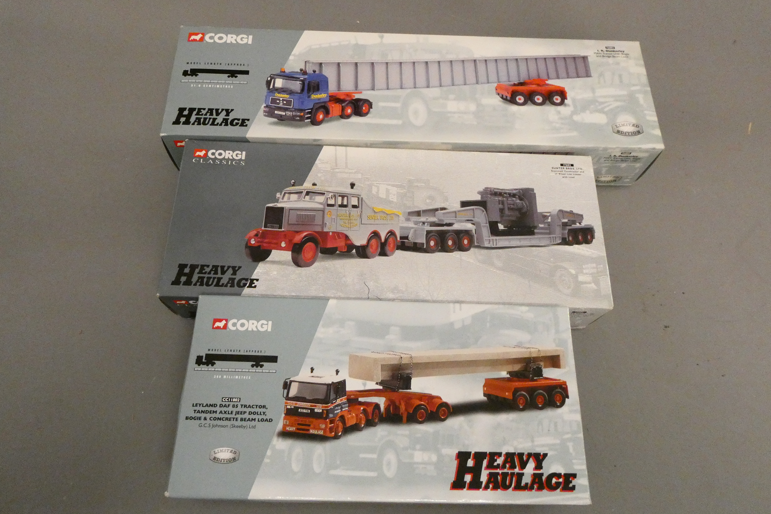 Corgi Heavy Hauler MAN with bridge beam load, Leyland DAF with concrete beam load and Scammell with Image