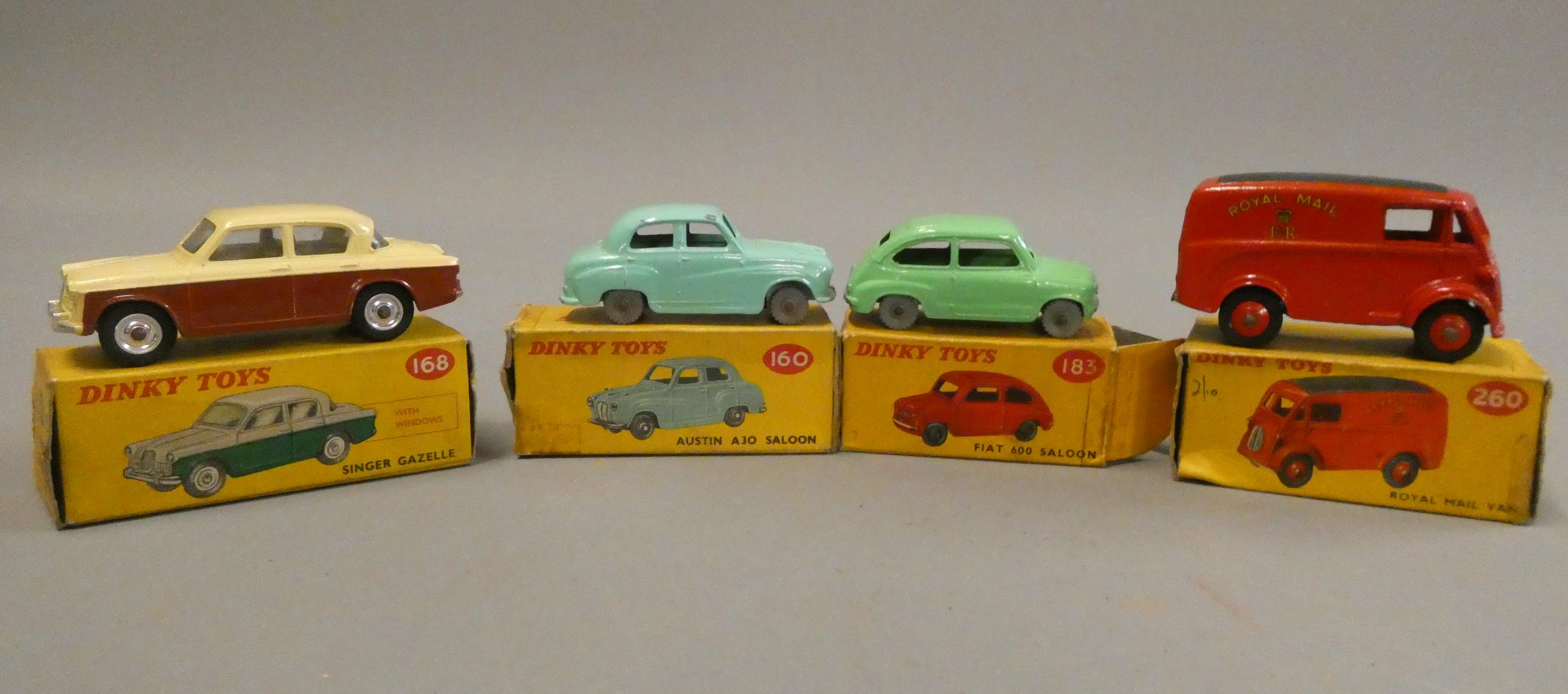 Dinky Toys 160 Austin A30, 168 Singer Gazelle, 183 Fiat 600 and 260n Royal Mail van, boxes Image