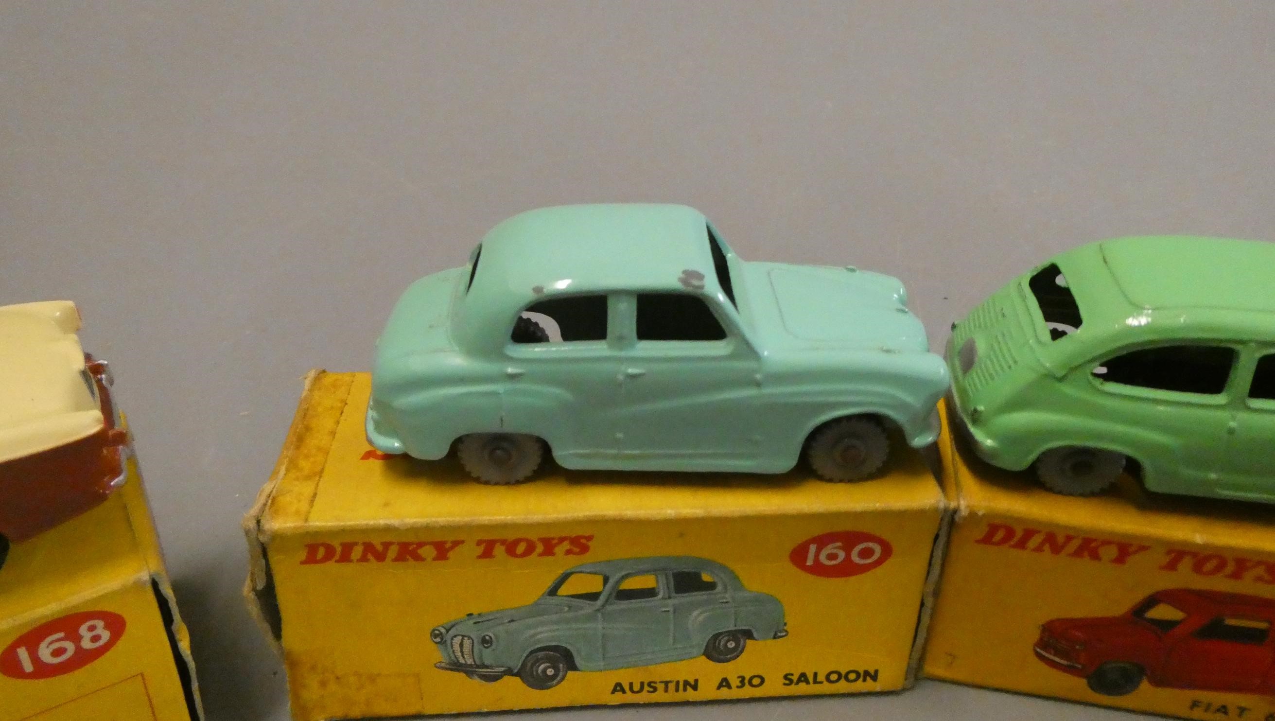 Dinky Toys 160 Austin A30, 168 Singer Gazelle, 183 Fiat 600 and 260n Royal Mail van, boxes Image