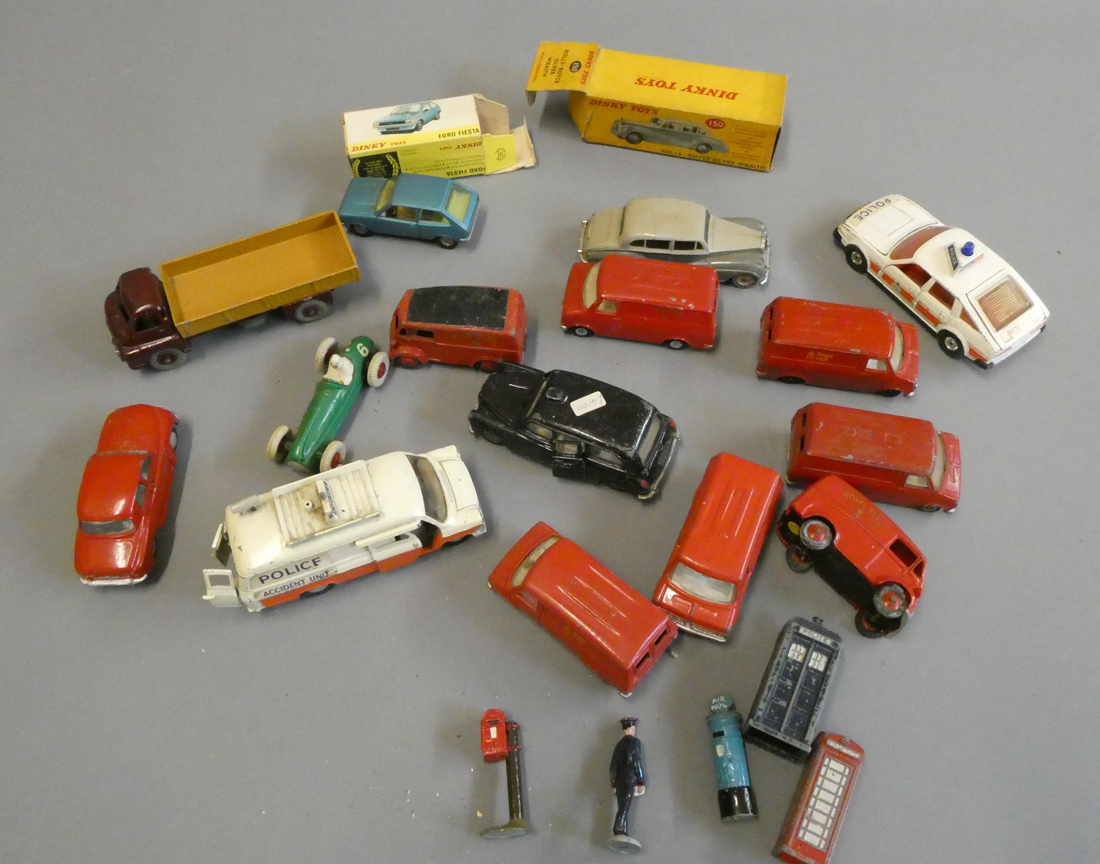 Unboxed Dinky vehicles including Post Office vans, police van and Bedford lorry, some items with Image