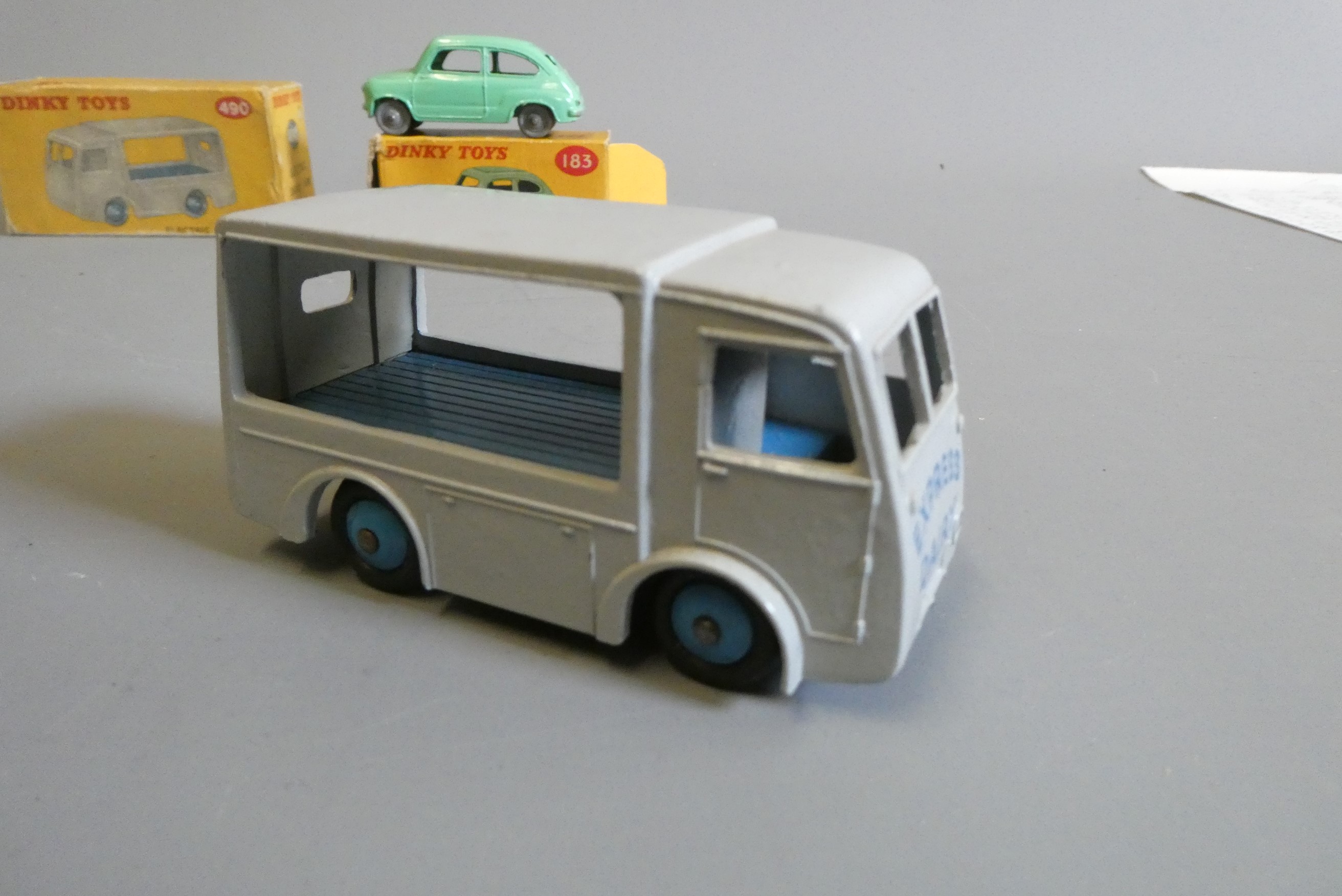 Dinky 183 Fiat 600 and 490 Milk van, boxes fair, models excellent (Est. plus 24% buyer's premium Image