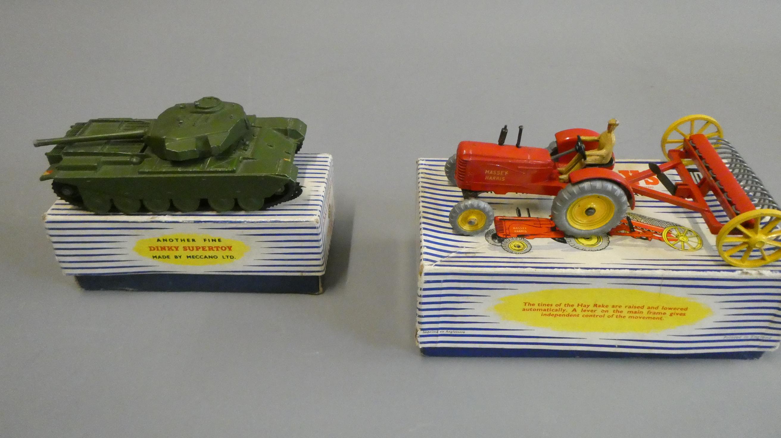Dinky 310 Farm tractor and Hay rake, box fair, model excellent and 651 Centurion Tank, turret loose, Image