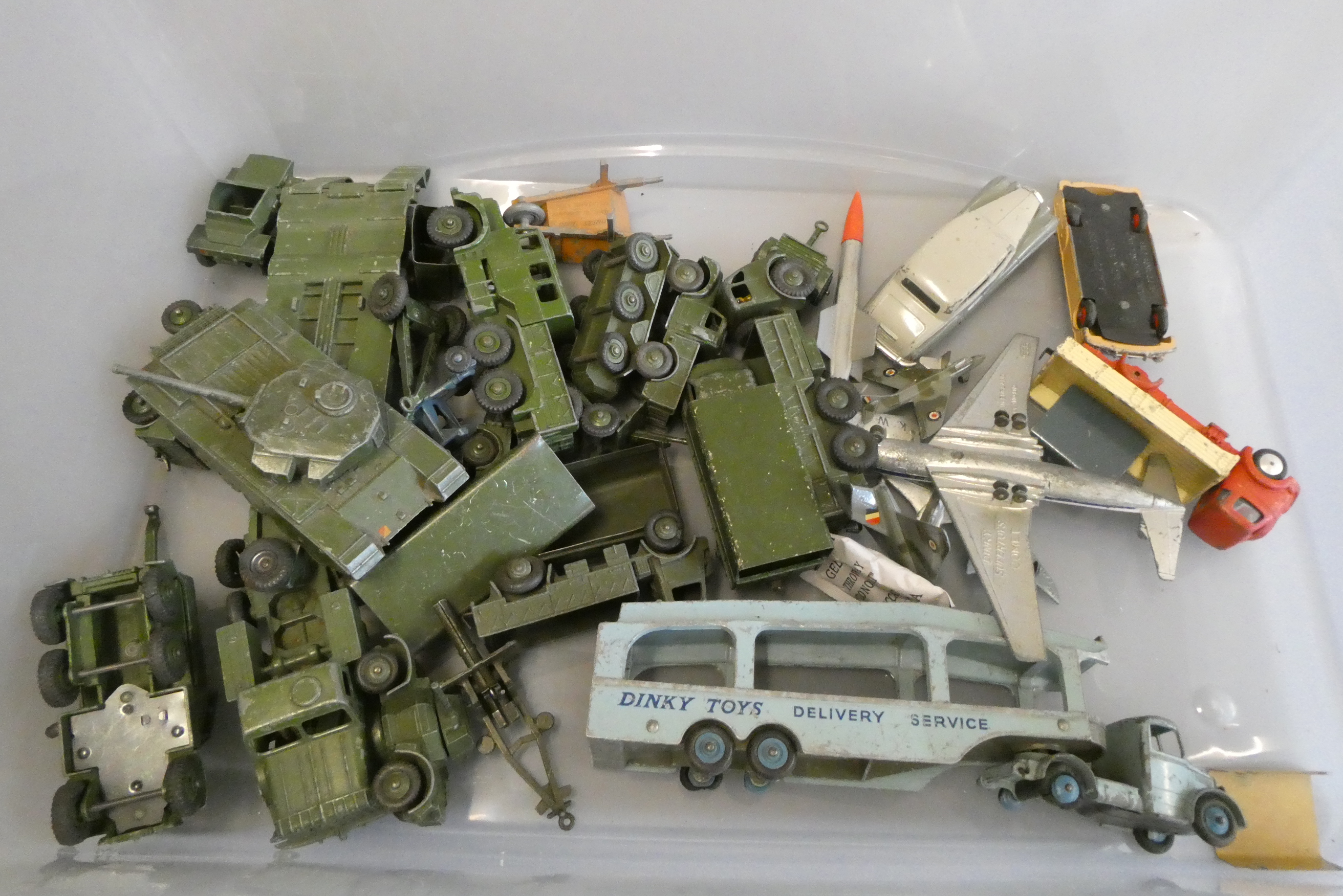 Unboxed playworn Dinky vehicles including Army, cars and aircraft, poor (Est. plus 24% buyer's Image