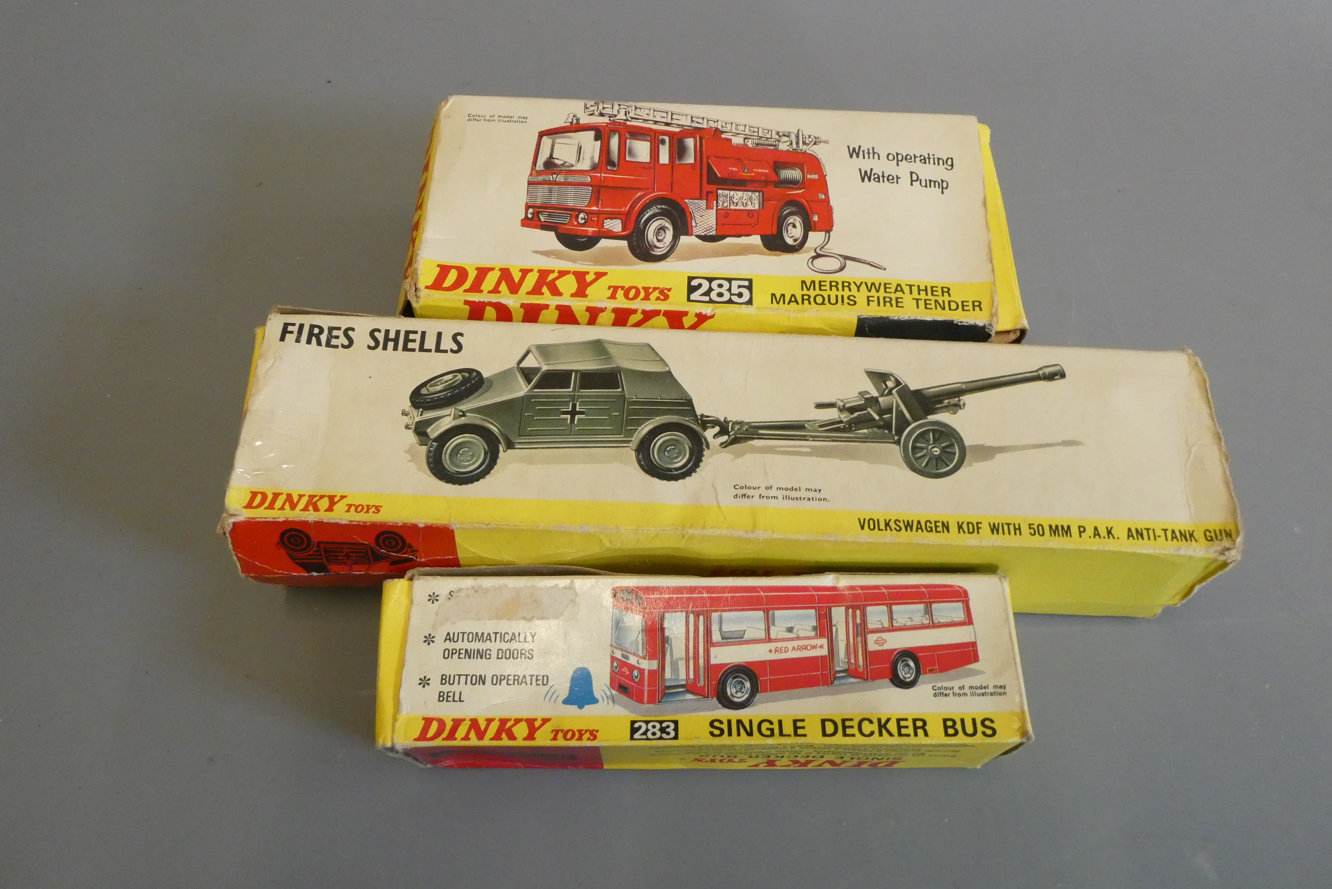 238 Single deck bus with bell, 285 Fire Engine with water pump and 617 VW with 50mm gun, all boxes Image