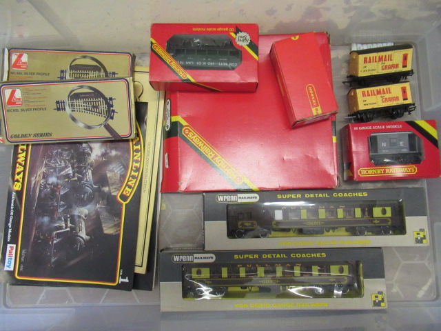Two Wrenn Pullman coaches, five Hornby wagons, small quantity of Hornby points and sales catalogues. Image