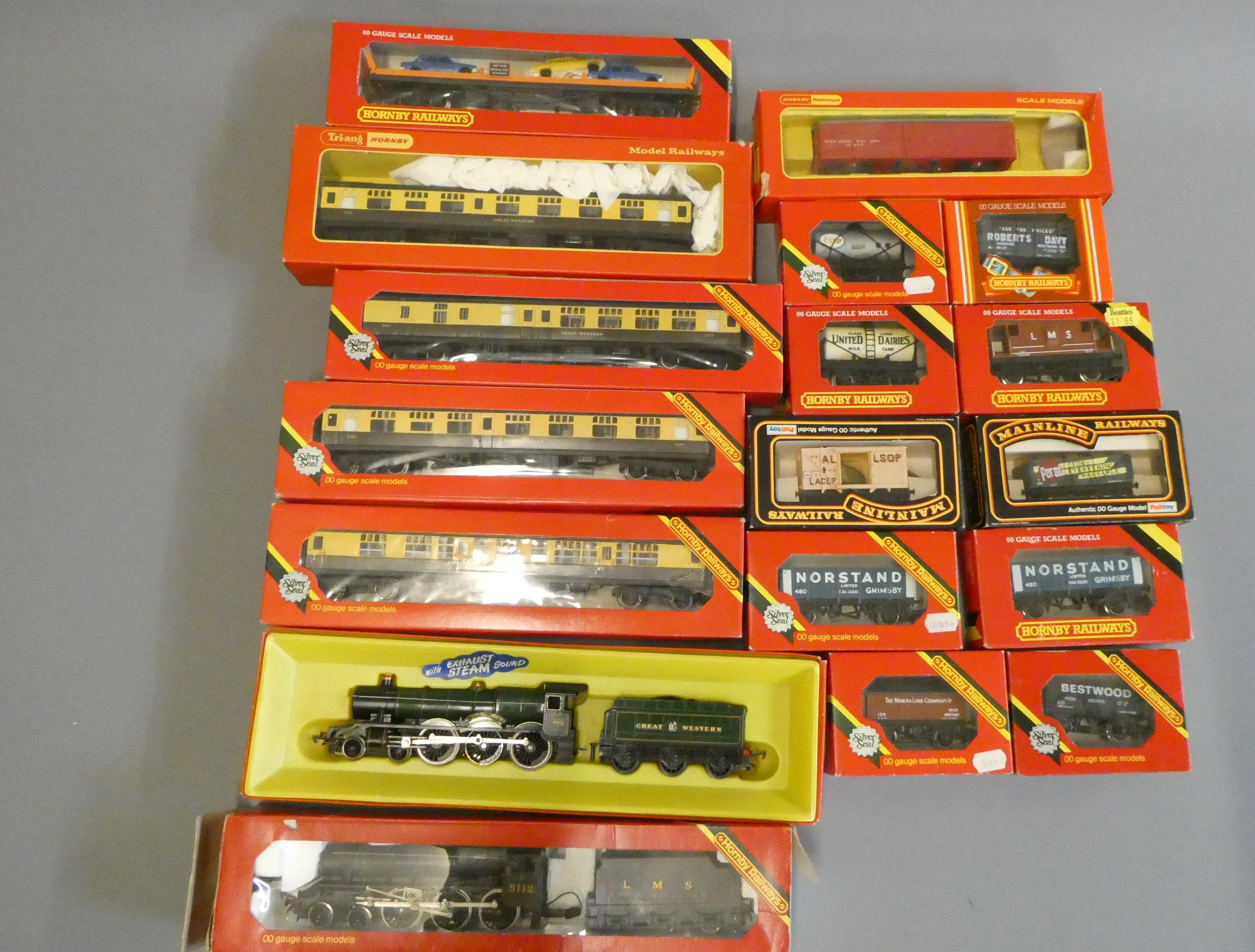 Hornby Margate locomotives and rolling stock comprising LMS Class 5, GWR Hall, twelve goods trucks Image