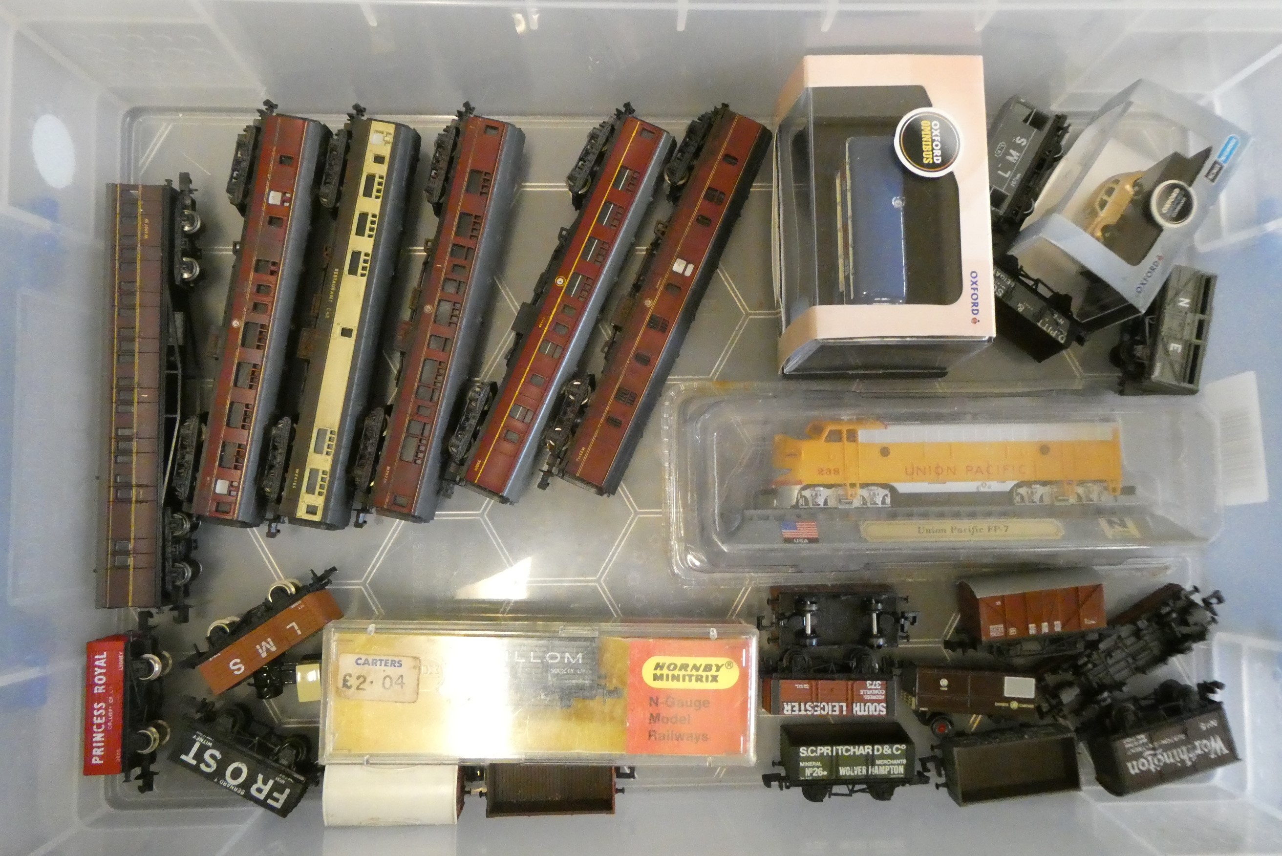 N Gauge rolling stock and accessories including passenger coaches, goods trucks and trackside items, Image