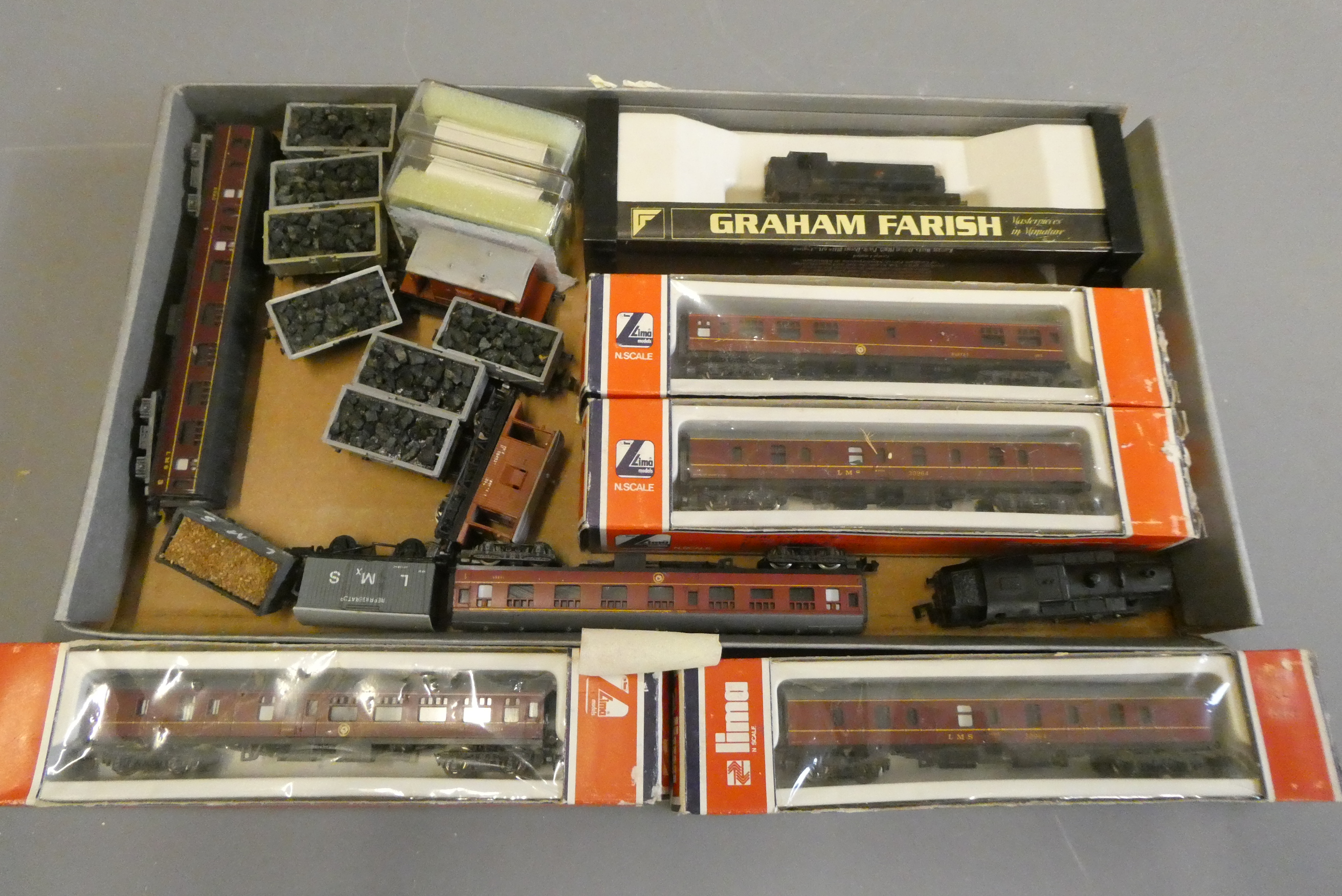N gauge models by Lima, Peco and others including BR pannier tank, passenger coaches and goods Image