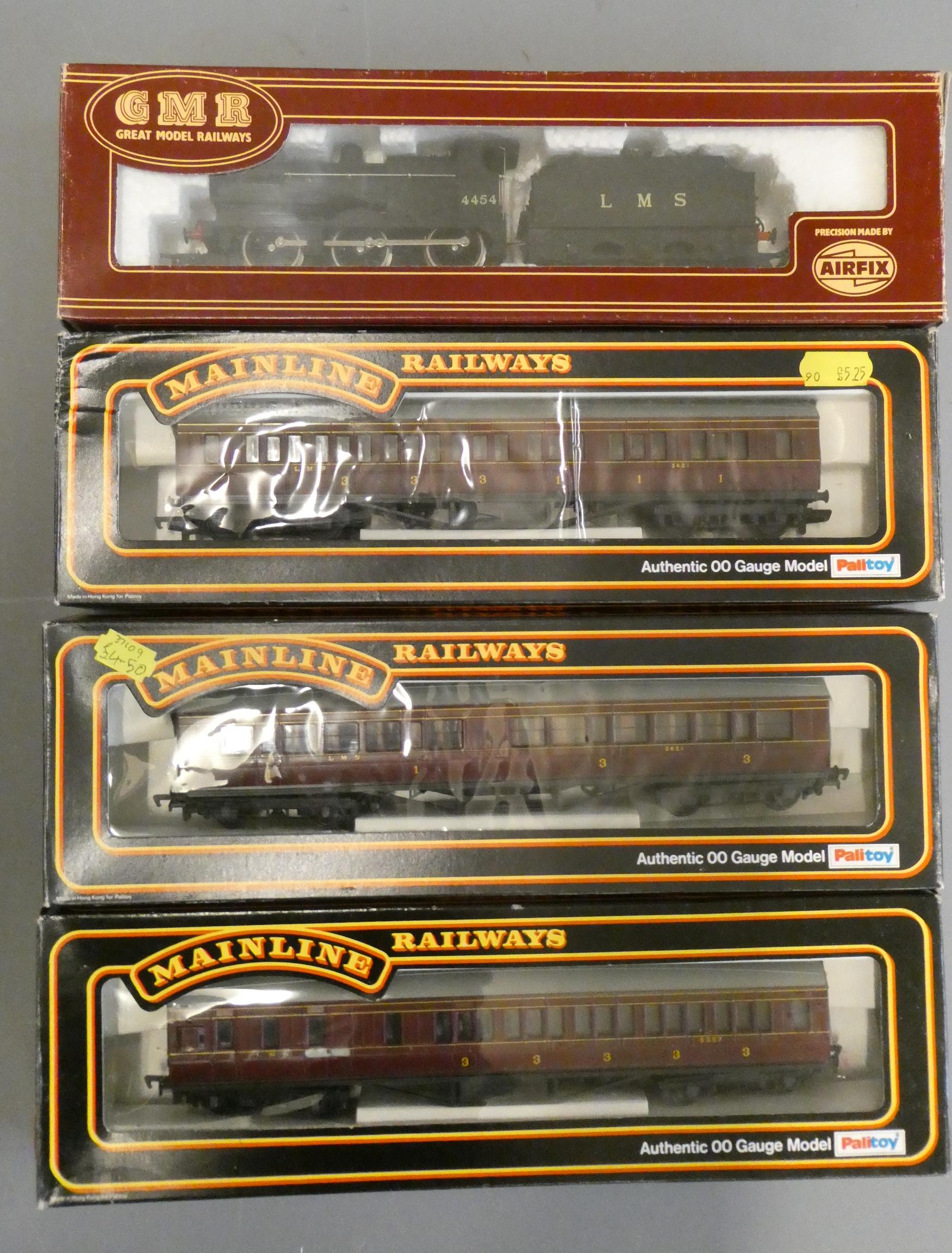 Airfix Railways Fowler 4F in LMS black and three Mainline LMS suburban coaches, all items boxed, Image