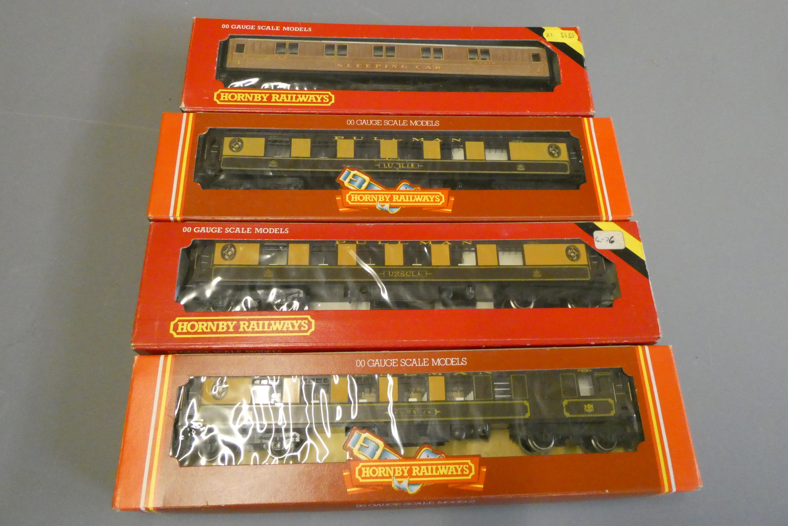 Three Hornby Margate Pullman coaches (name transfers poor) and an LNER Sleeping car, all items Image