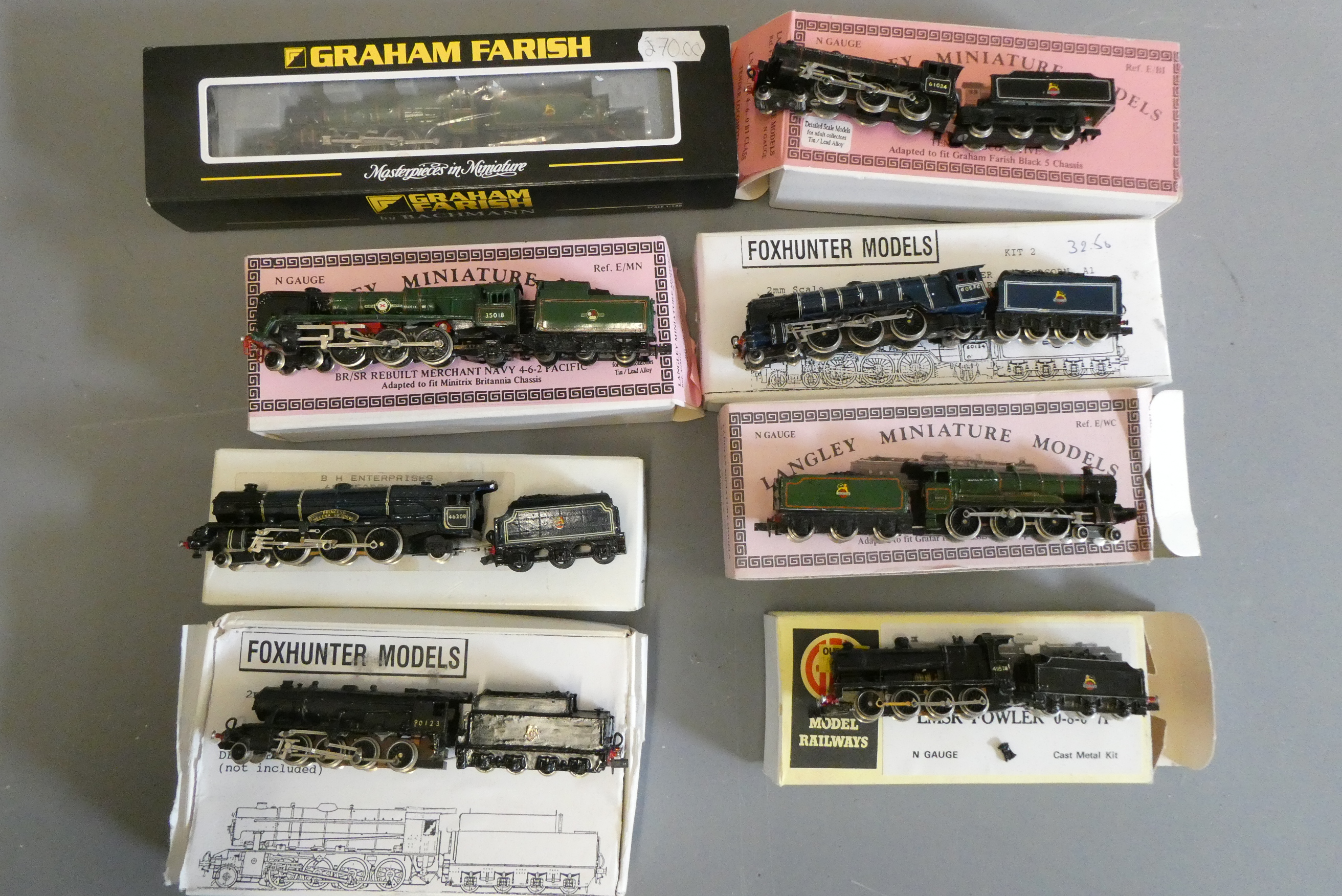 Eight kit built N-gauge model steam locomotives in kit boxes, most items in BR livery with propriety Image