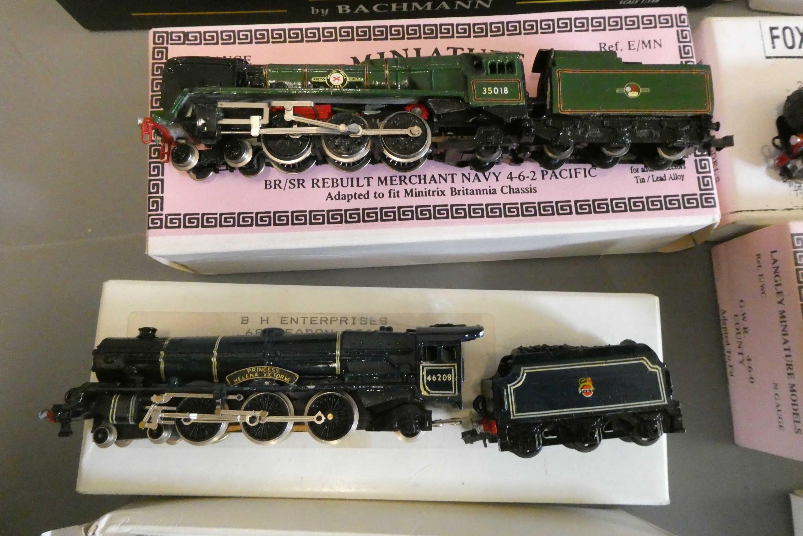 Eight kit built N-gauge model steam locomotives in kit boxes, most items in BR livery with propriety Image