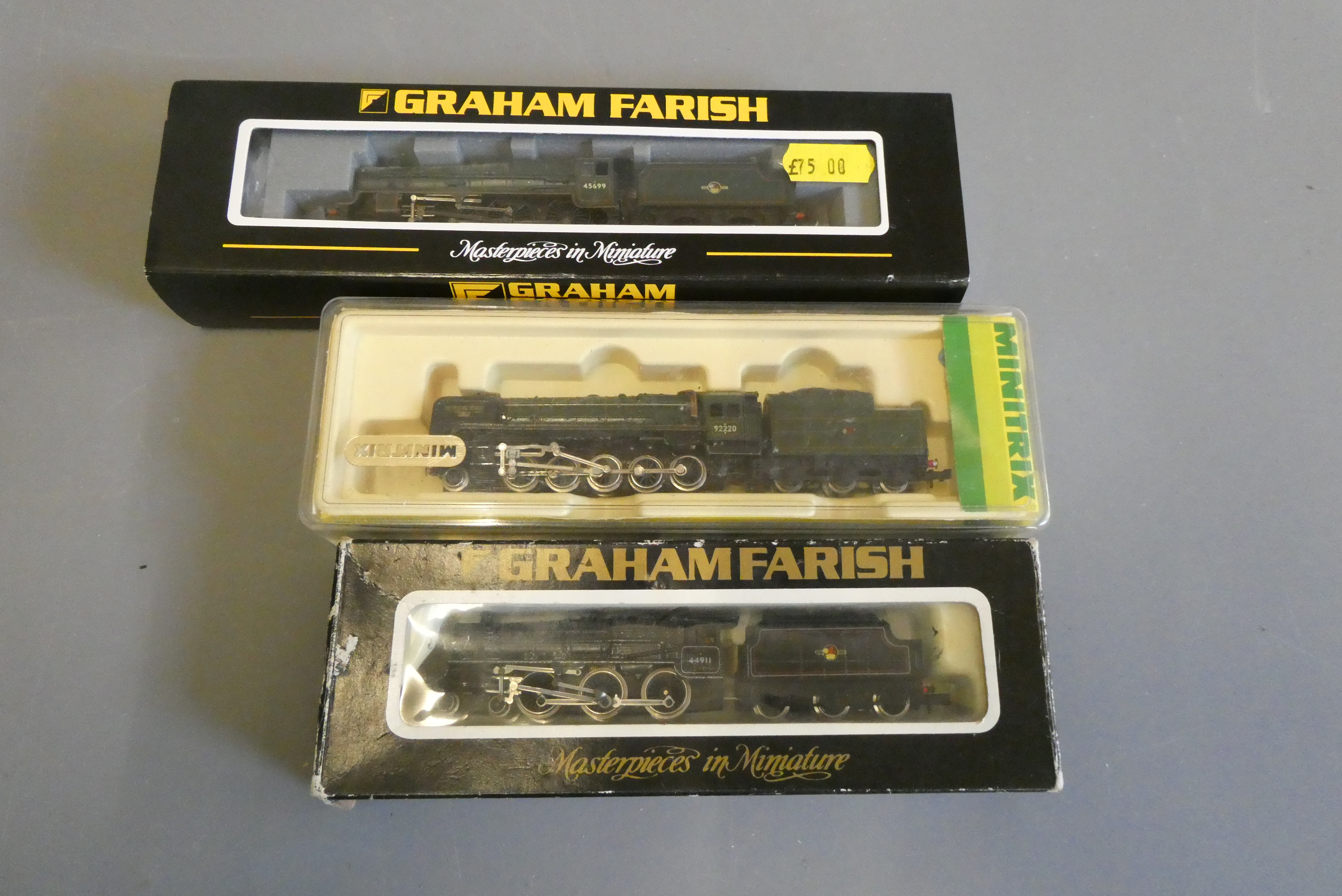 Three N gauge locomotives comprising Graham Farish BR Jubilee, BR Class 5 and Minitrix Britannia, Image