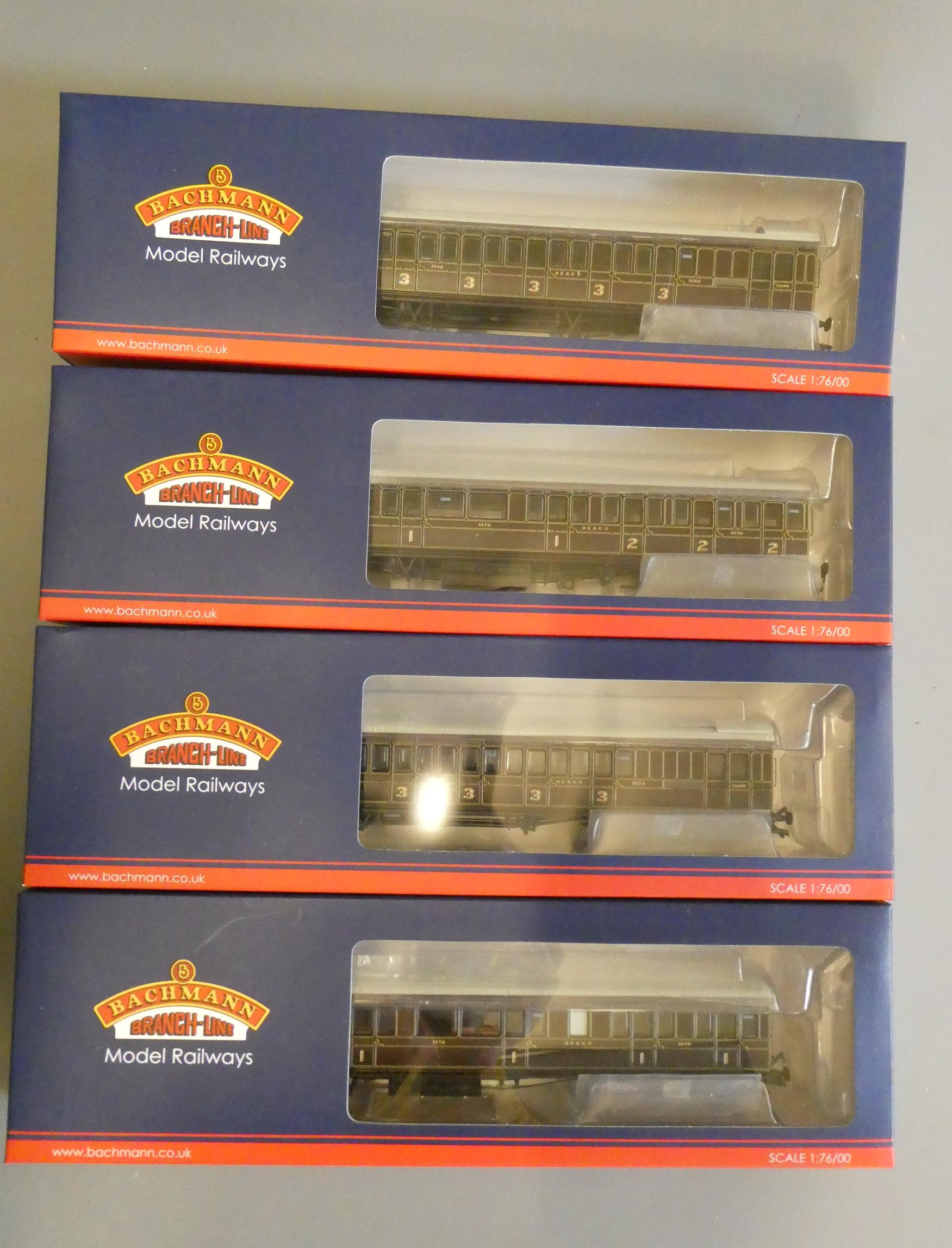 Four Bachmann S.E.C.R passenger coaches finished in Lake livery comprising one 600, two 610 and one Image