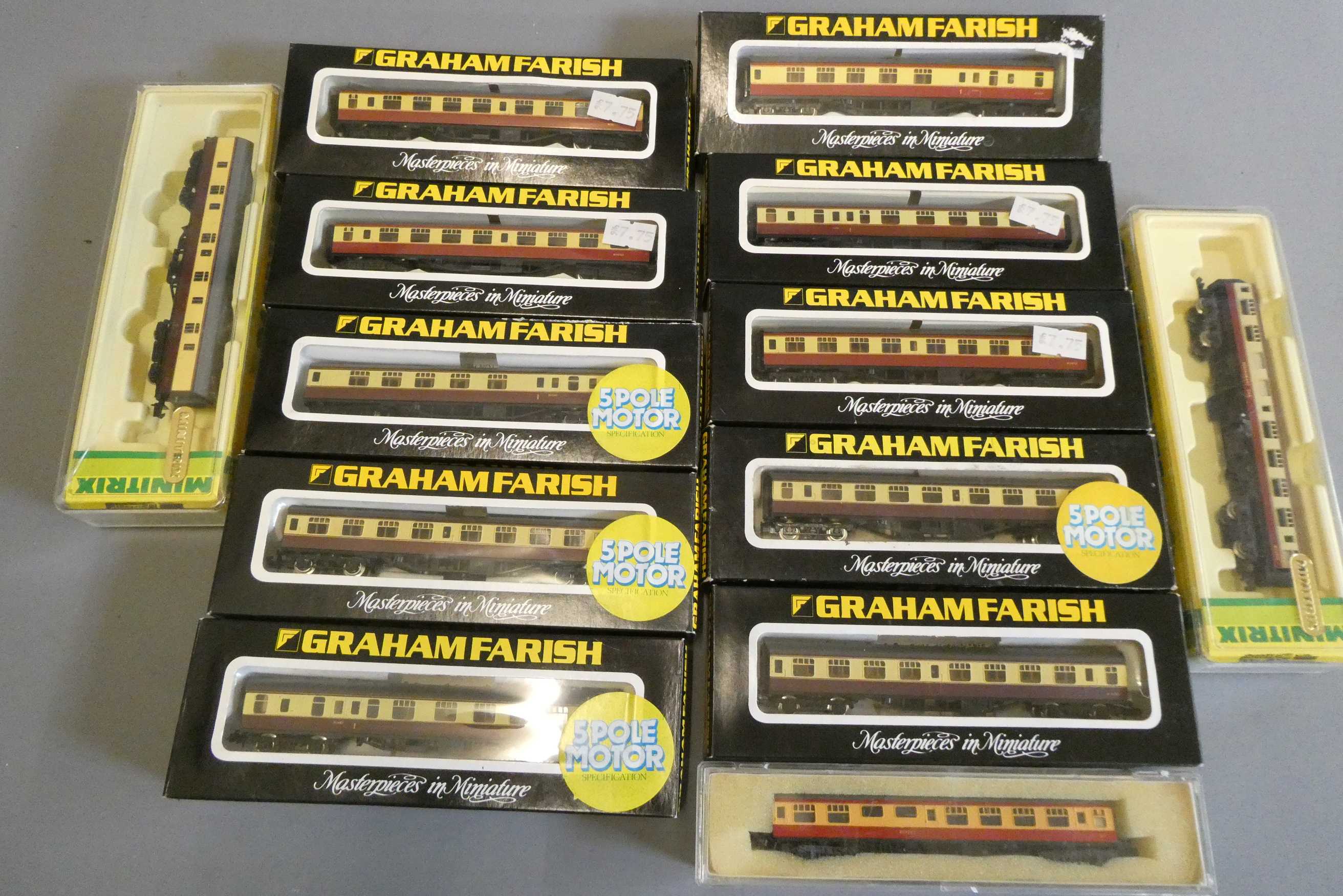 Thirteen N gauge BR red/cream passenger coaches by Graham Farish and others, all items boxed, good Image