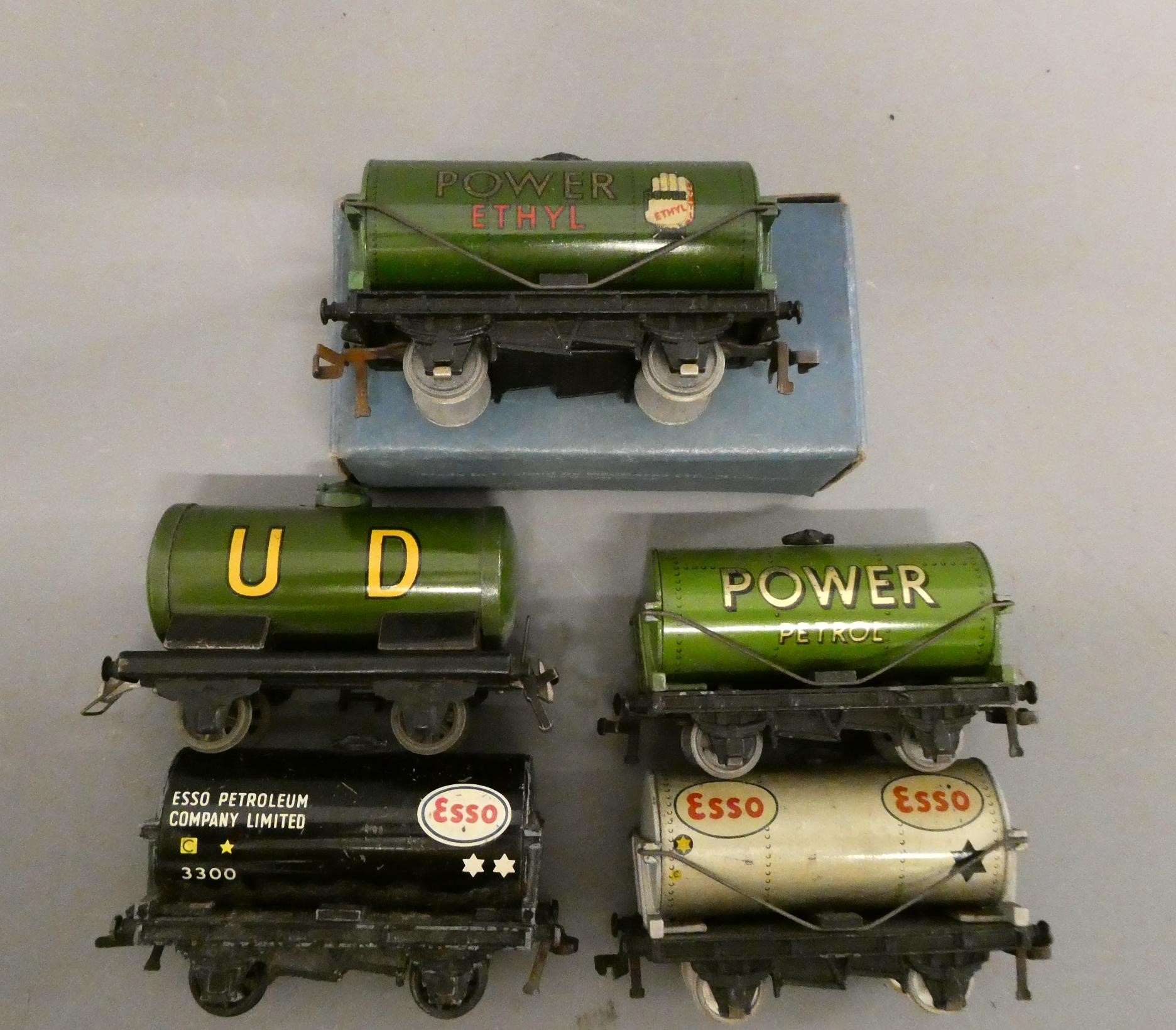 Playworn Hornby Dublo 3-rail locomotives, some have damage or parts missing, and five petrol tank Image